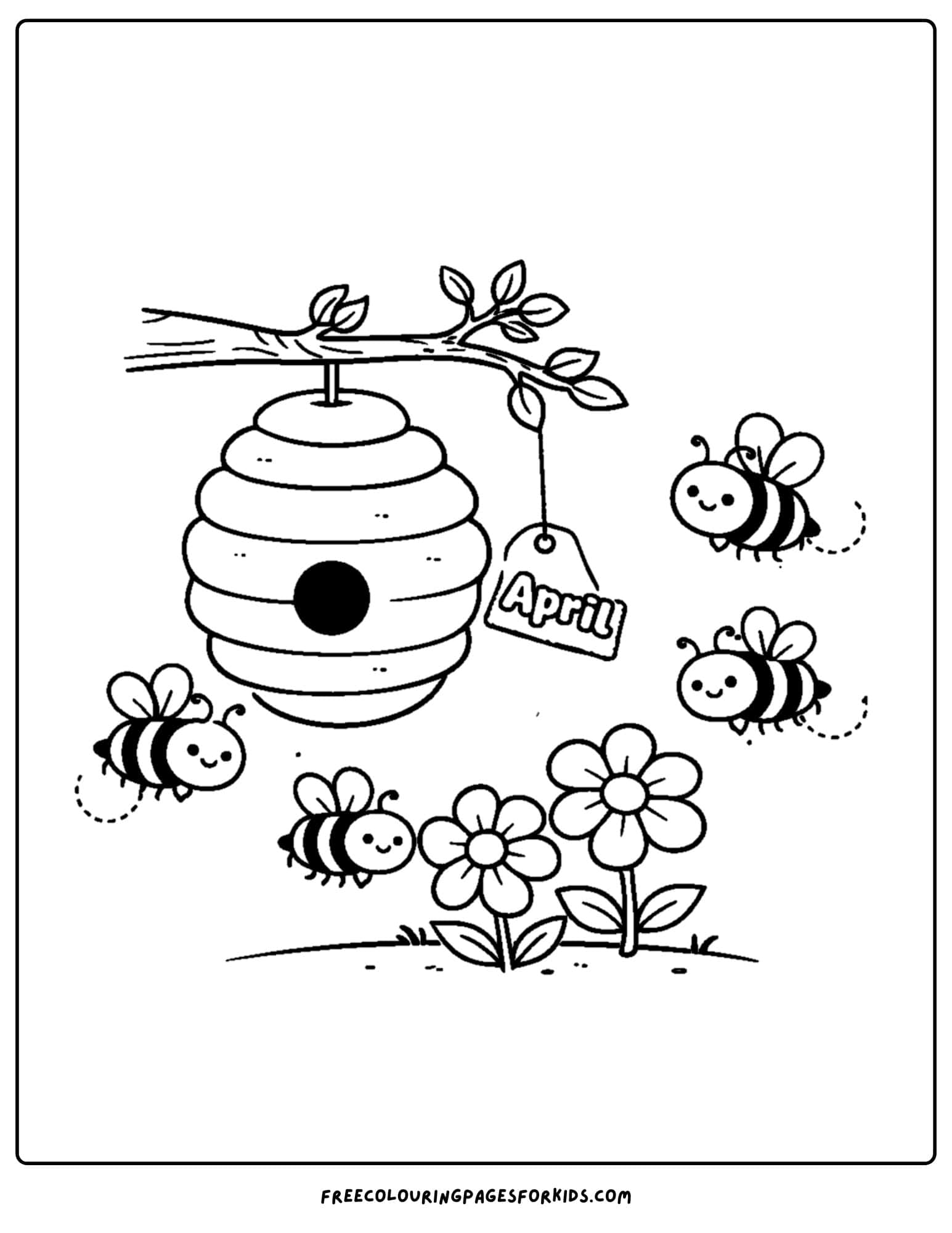 an april themed coloring page featuring a busy bee hive