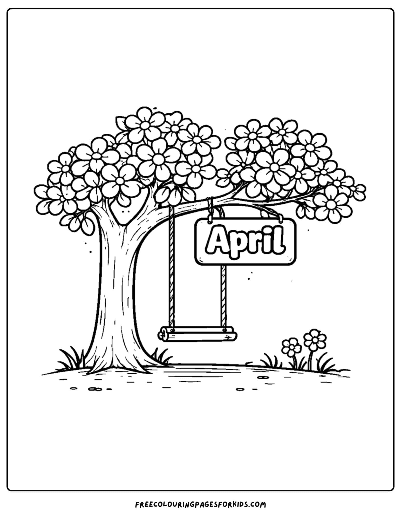 an april themed coloring page featuring a swing hanging from a tree branch