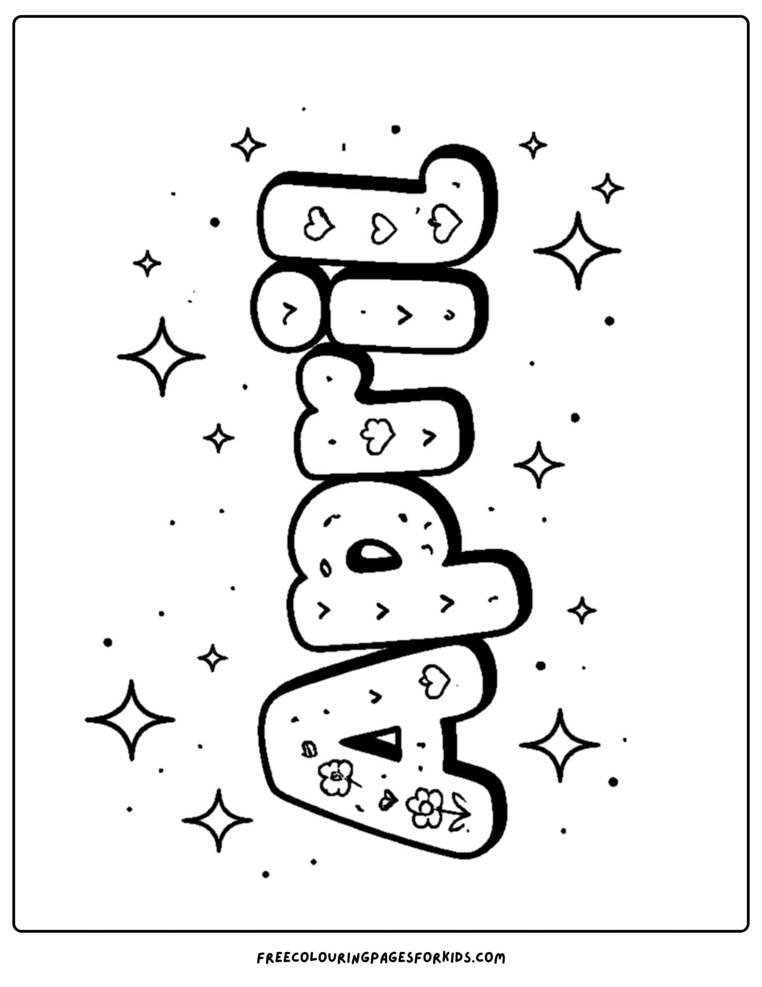 an april themed coloring page featuring the word pairl in bubble text