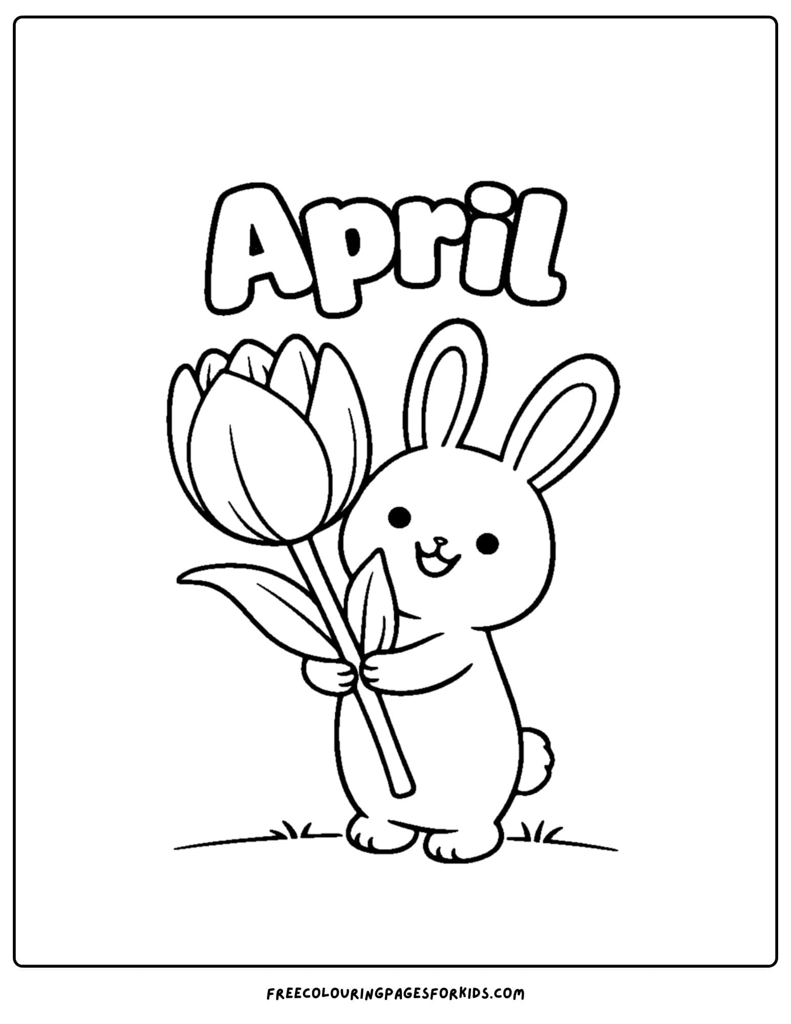 an april themed coloring page featuring a bunny holding a tulip