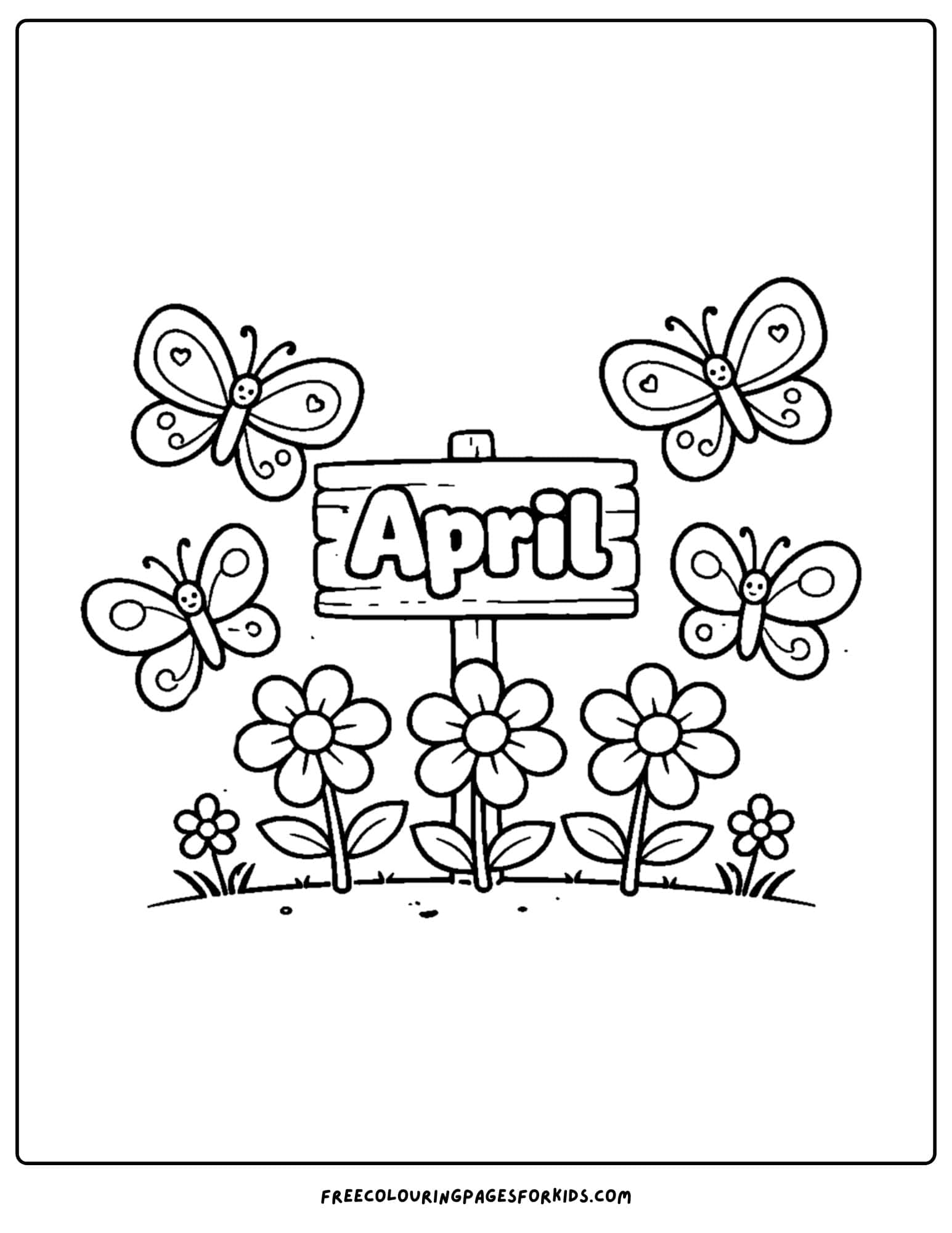 an april themed coloring page featuring butterflies above flowers