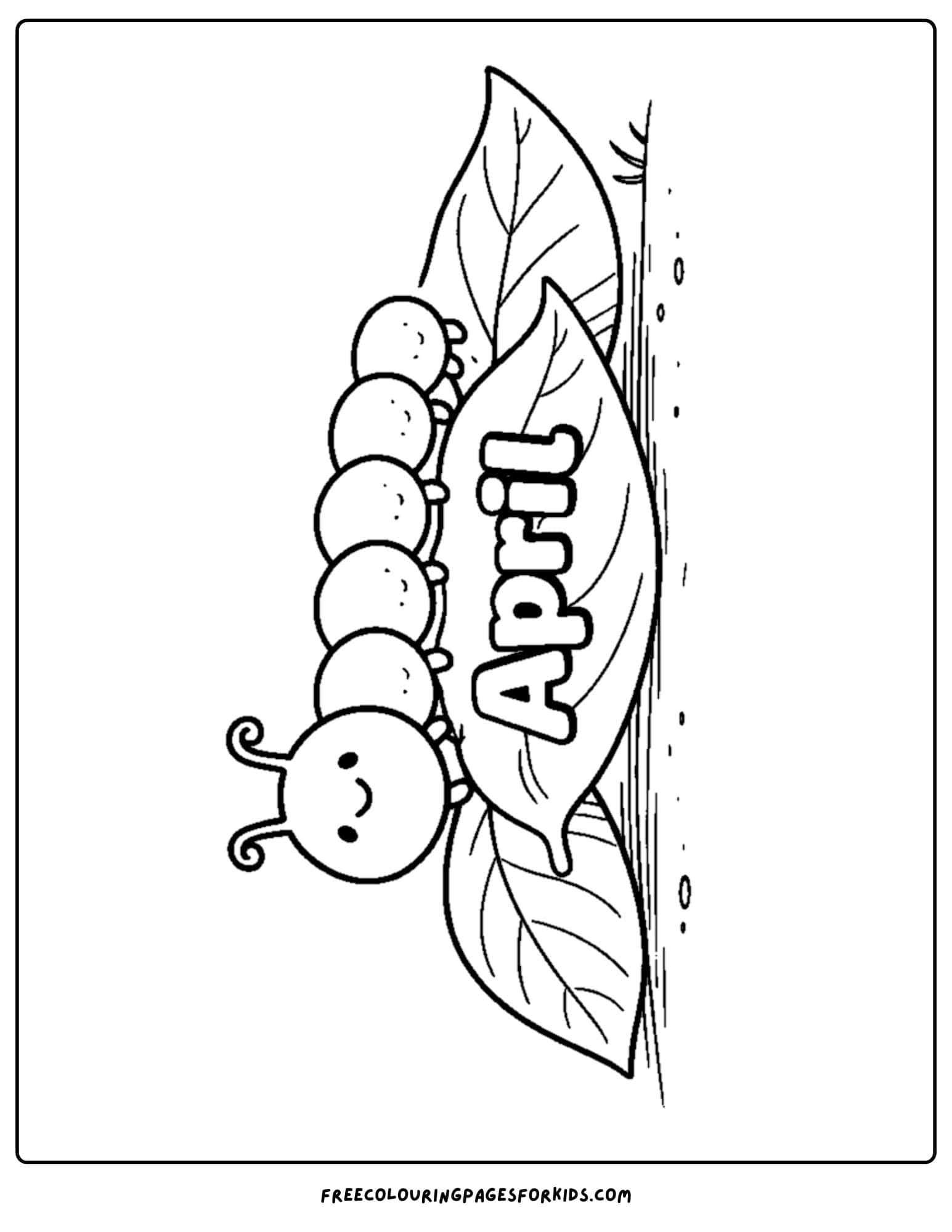 an april themed coloring page featuring a caterpillar on a leaf
