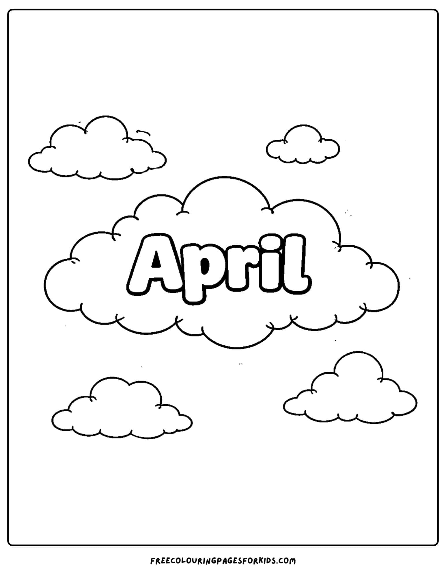 an april themed coloring page featuring clouds with the word april on them