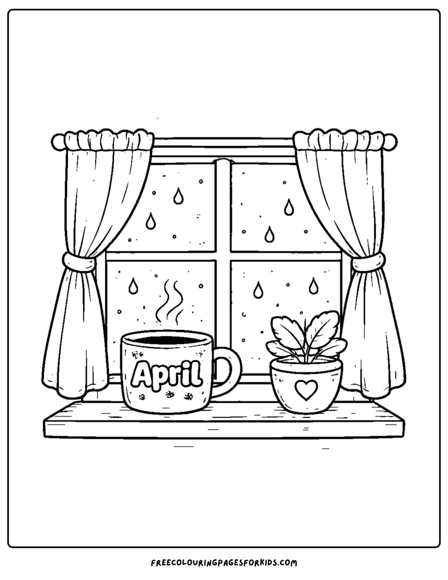 an april themed coloring page featuring a window with a mug and flower pot sitting in front of it