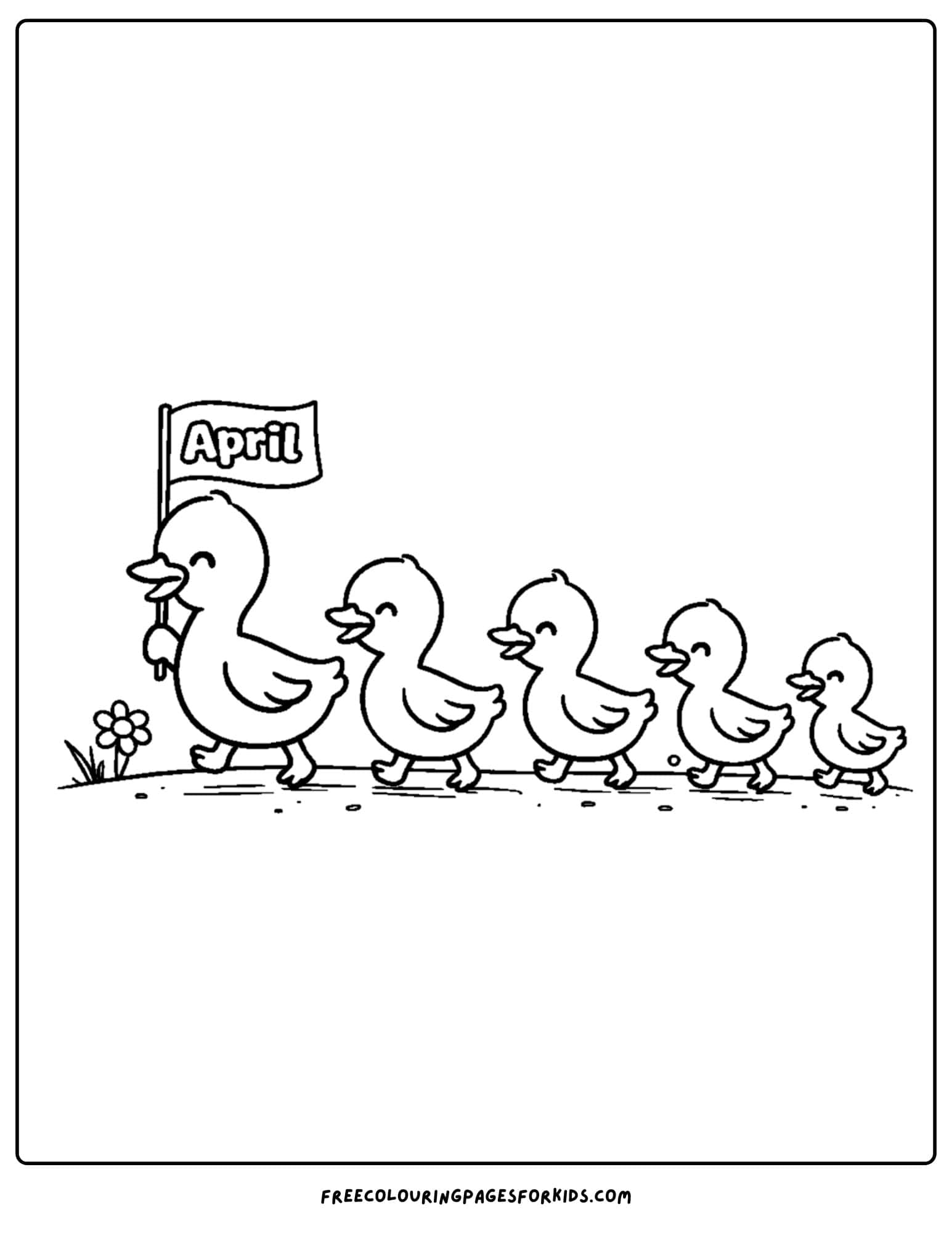 an april themed coloring page featuring a duckling parade