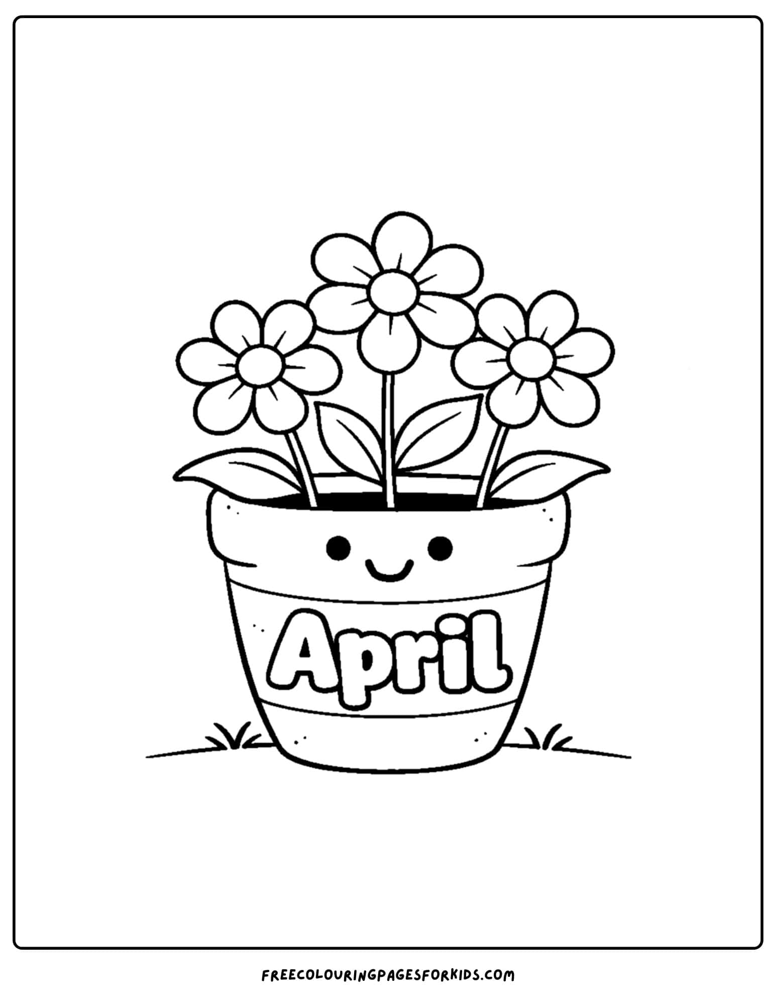 an april themed coloring page featuring a smiling flower pot with flowers