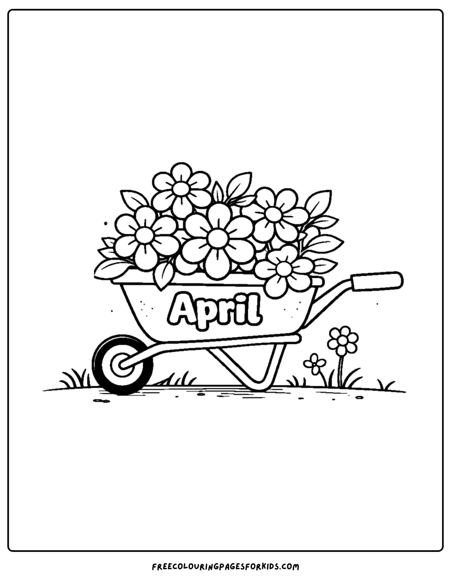 an april themed coloring page featuring a wheelbarrow full of flowers