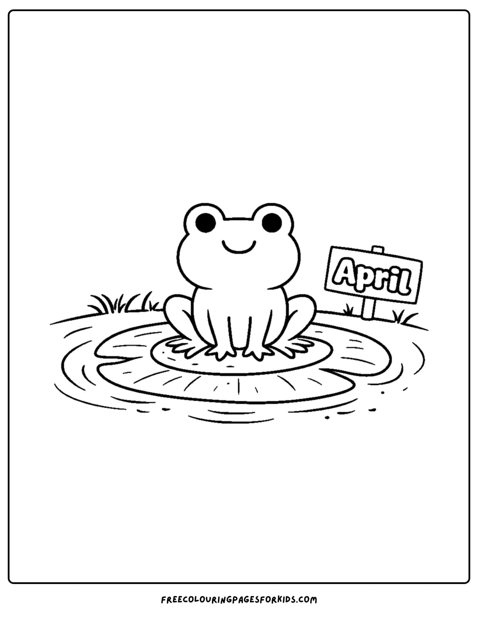 an april themed coloring page featuring a frog on a lilypad