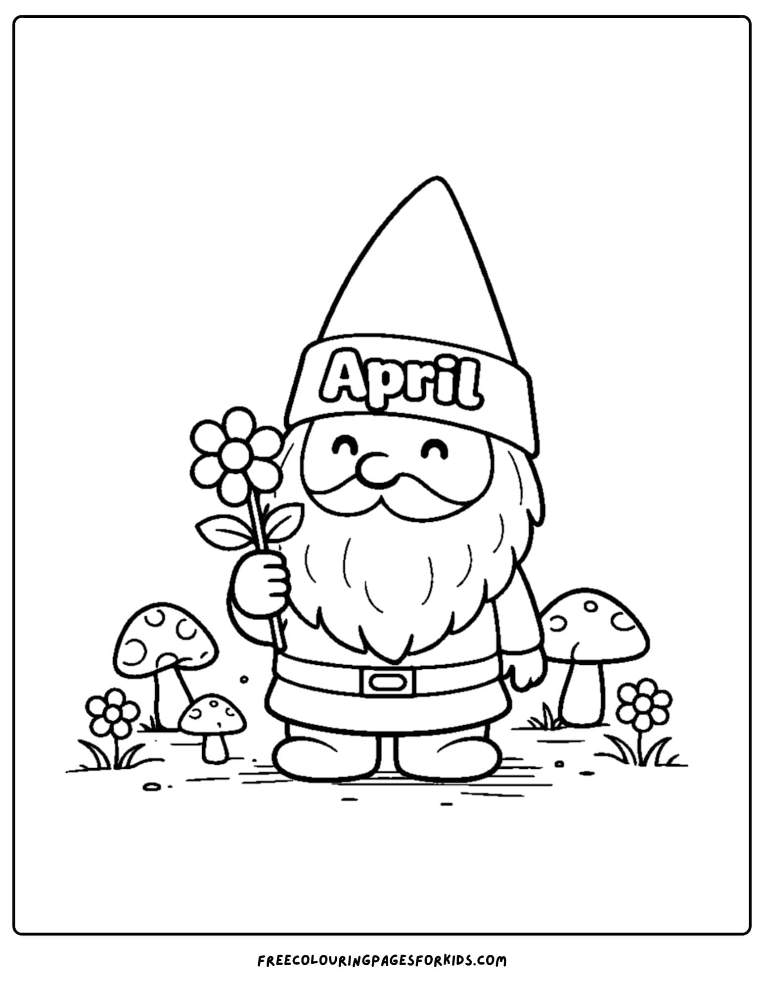 an april themed coloring page featuring a garden gnome amongst flowers