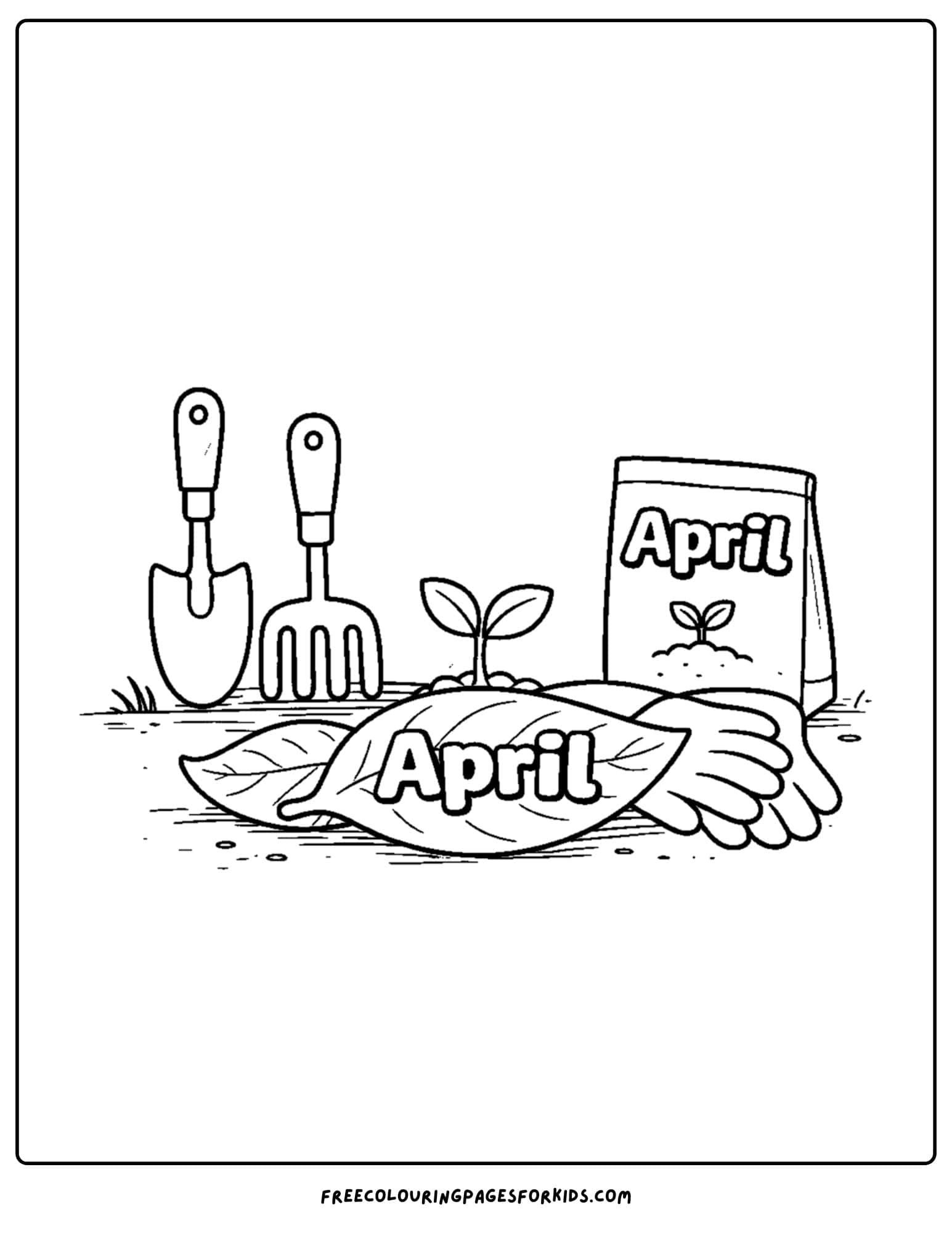an april themed coloring page featuring garden tools and seeds