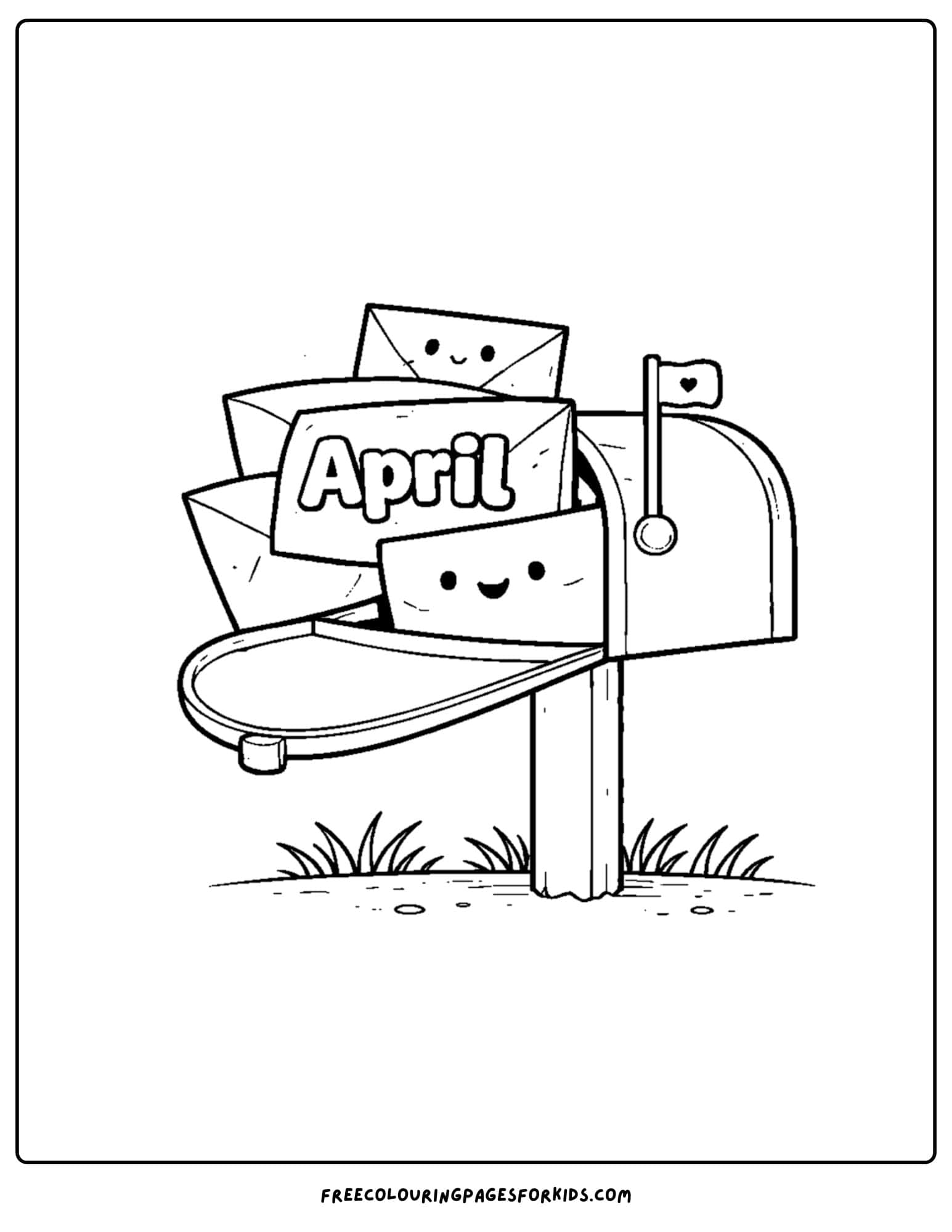 an april themed coloring page featuring a mailbox overflowing with letters