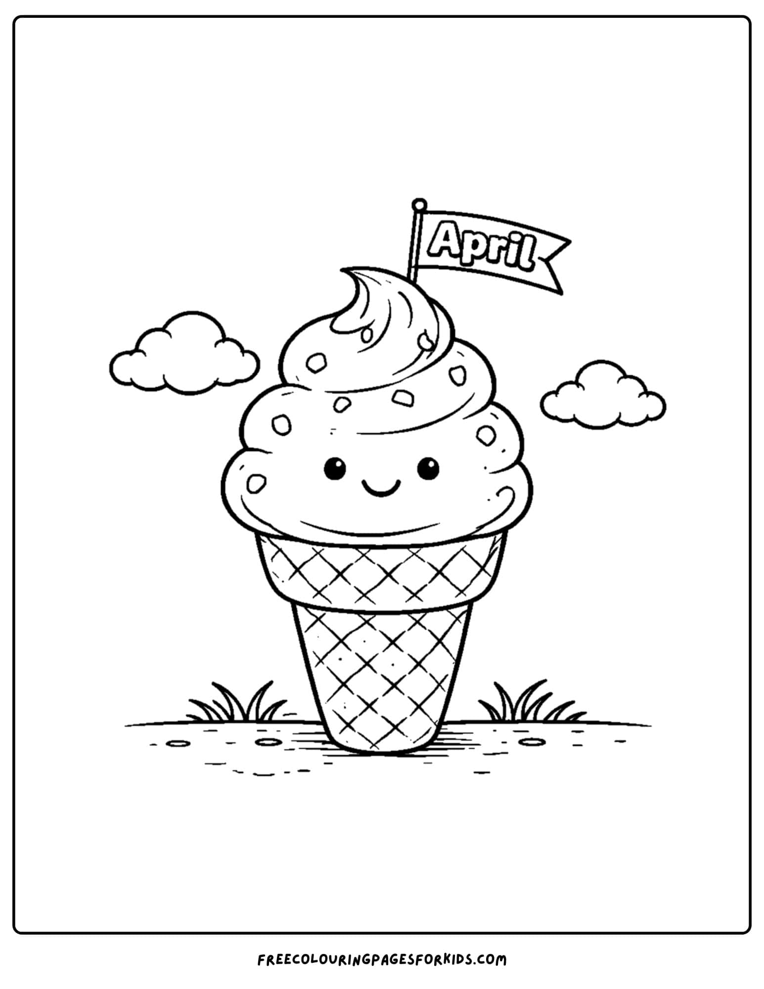 an april themed coloring page featuring a big ice cream cone