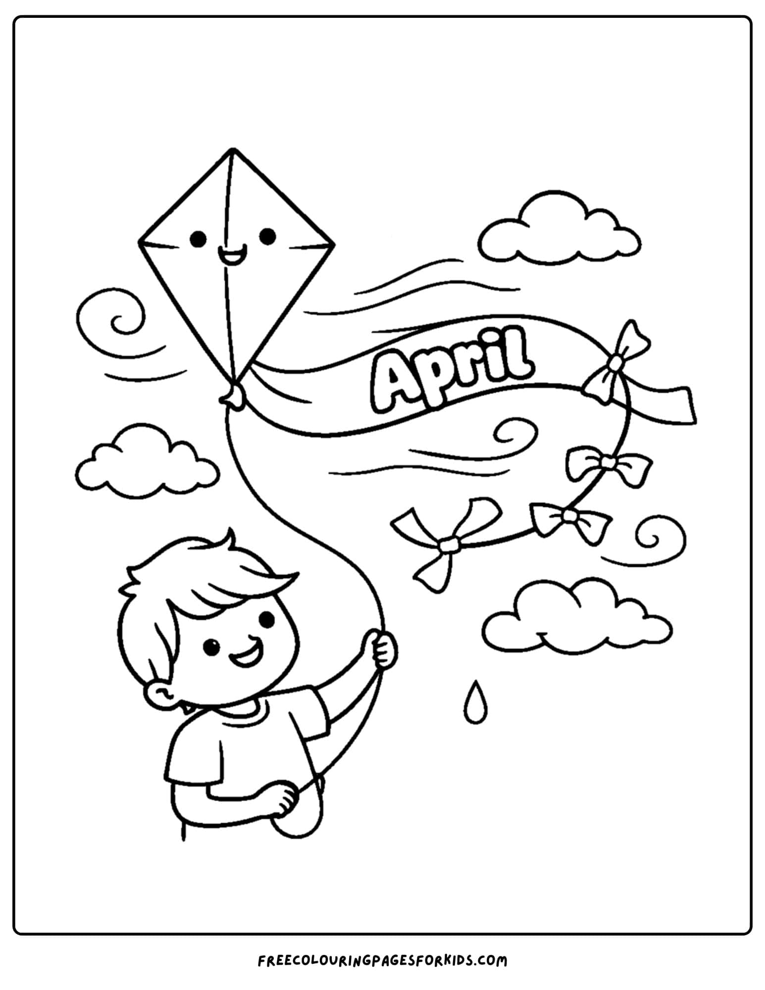an april themed coloring page featuring a child flying a kite