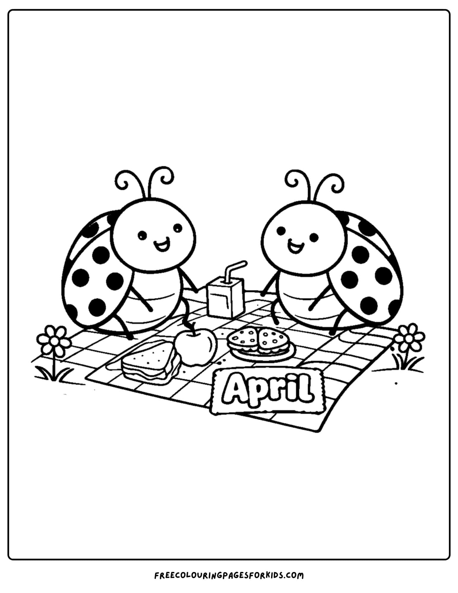 an april themed coloring page featuring ladybugs having a picnic