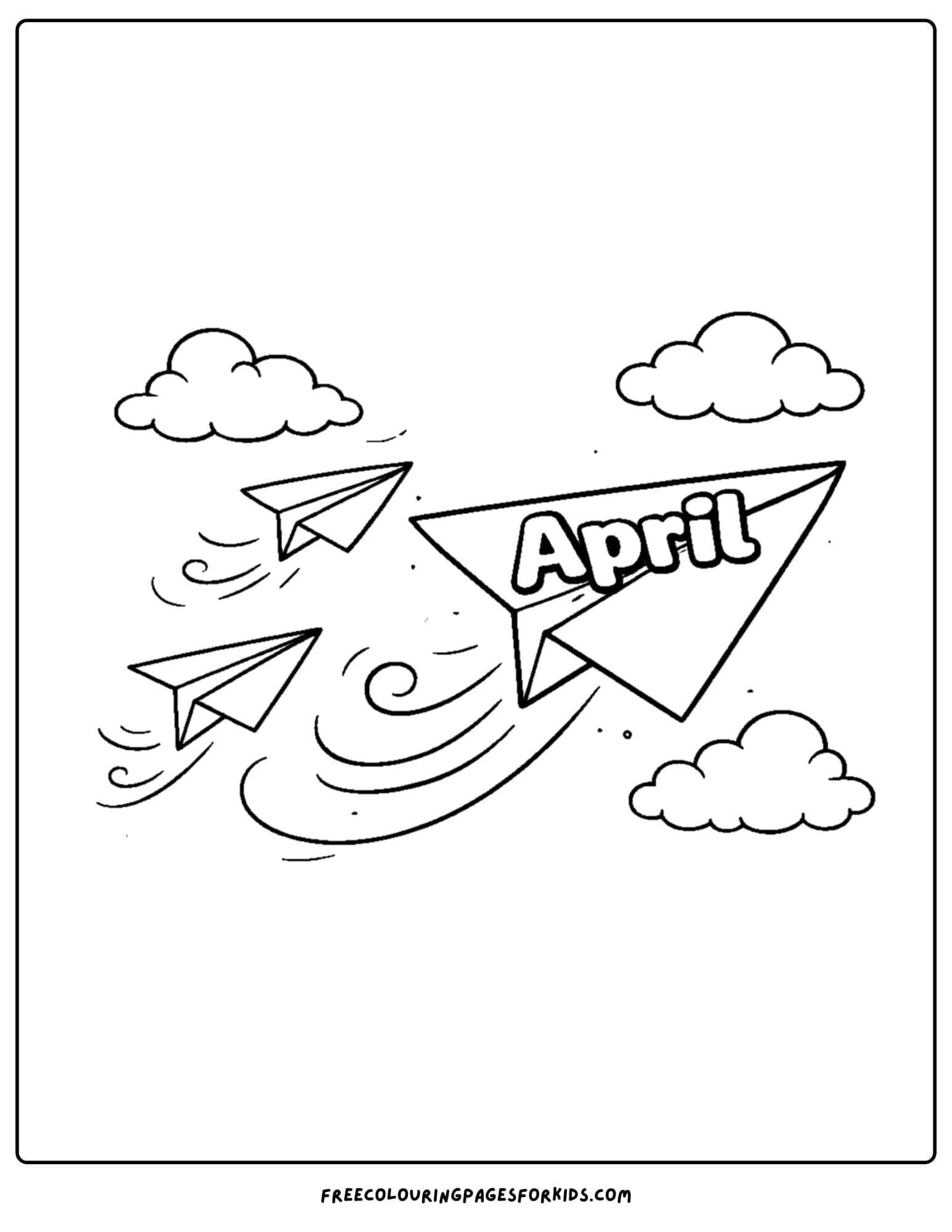 an april themed coloring page featuring paper airplanes flying across the sky