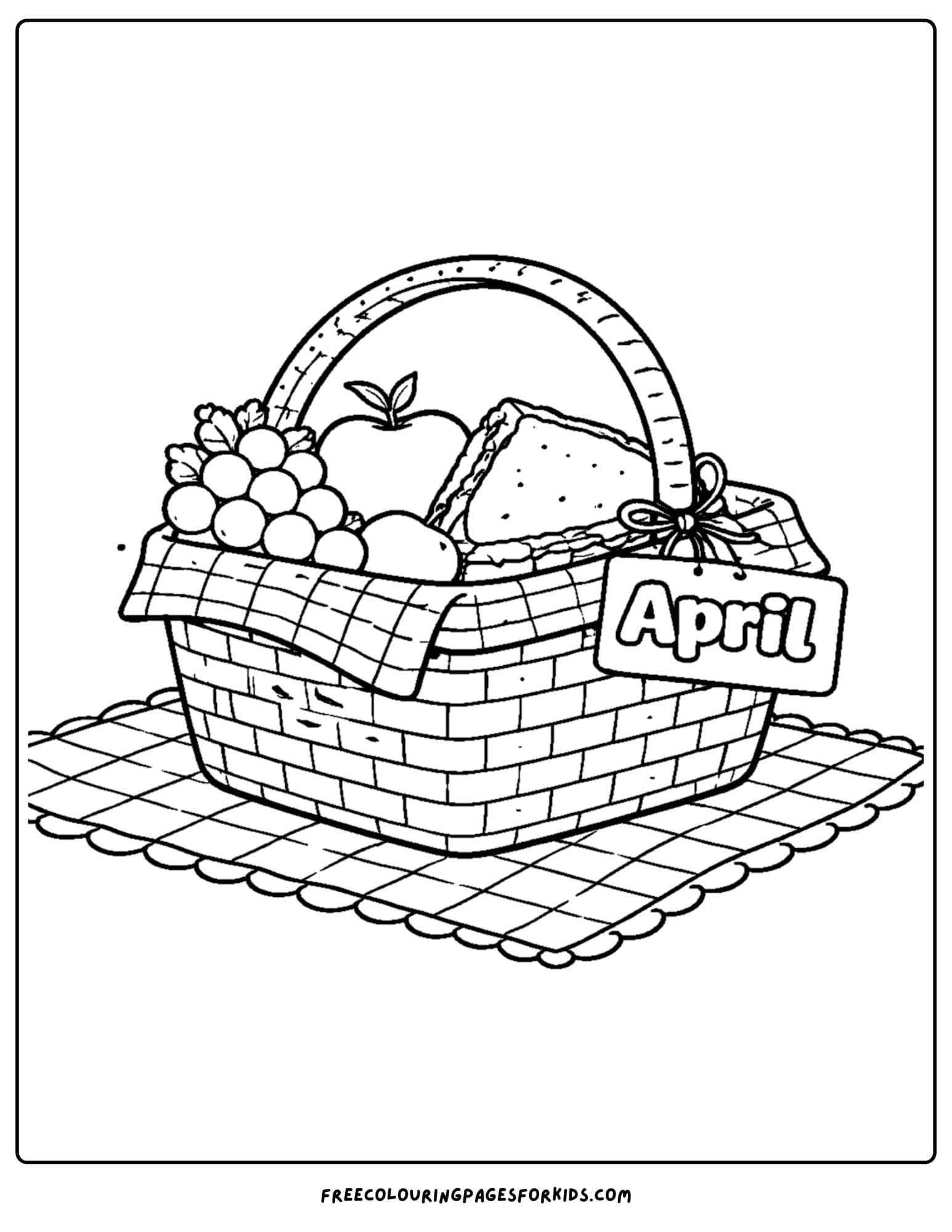 an april themed coloring page featuring a picnic basket full of lunch goodies