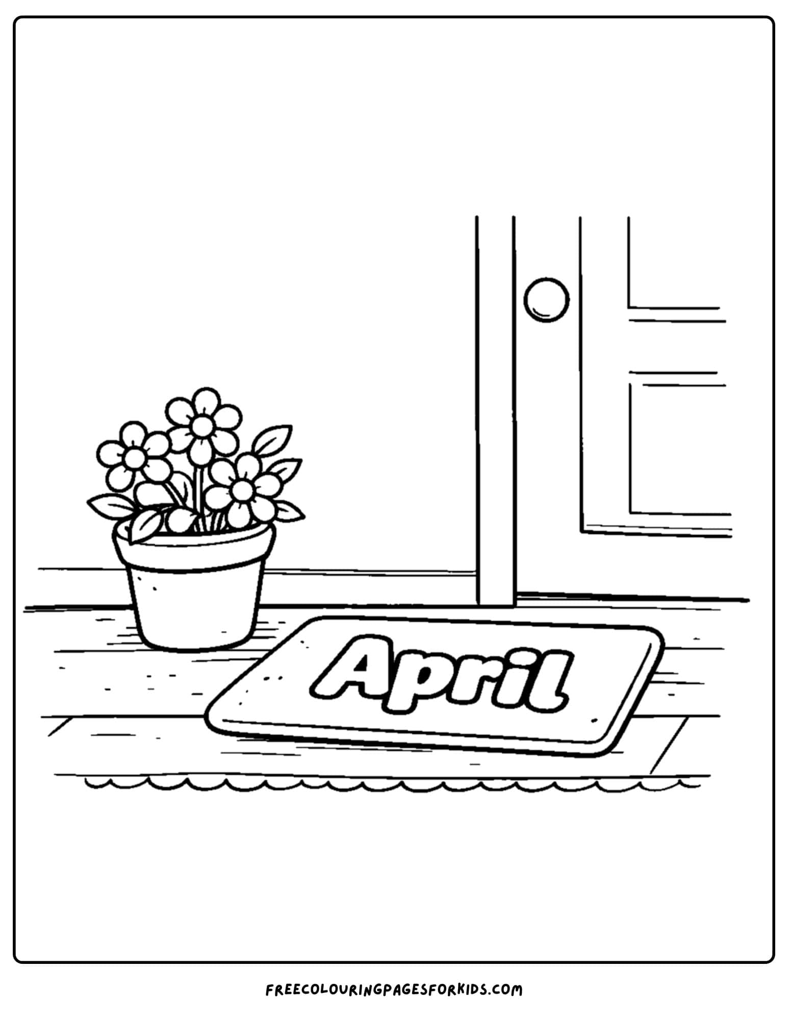 an april themed coloring page featuring a porch welcome mat and flowers by the door