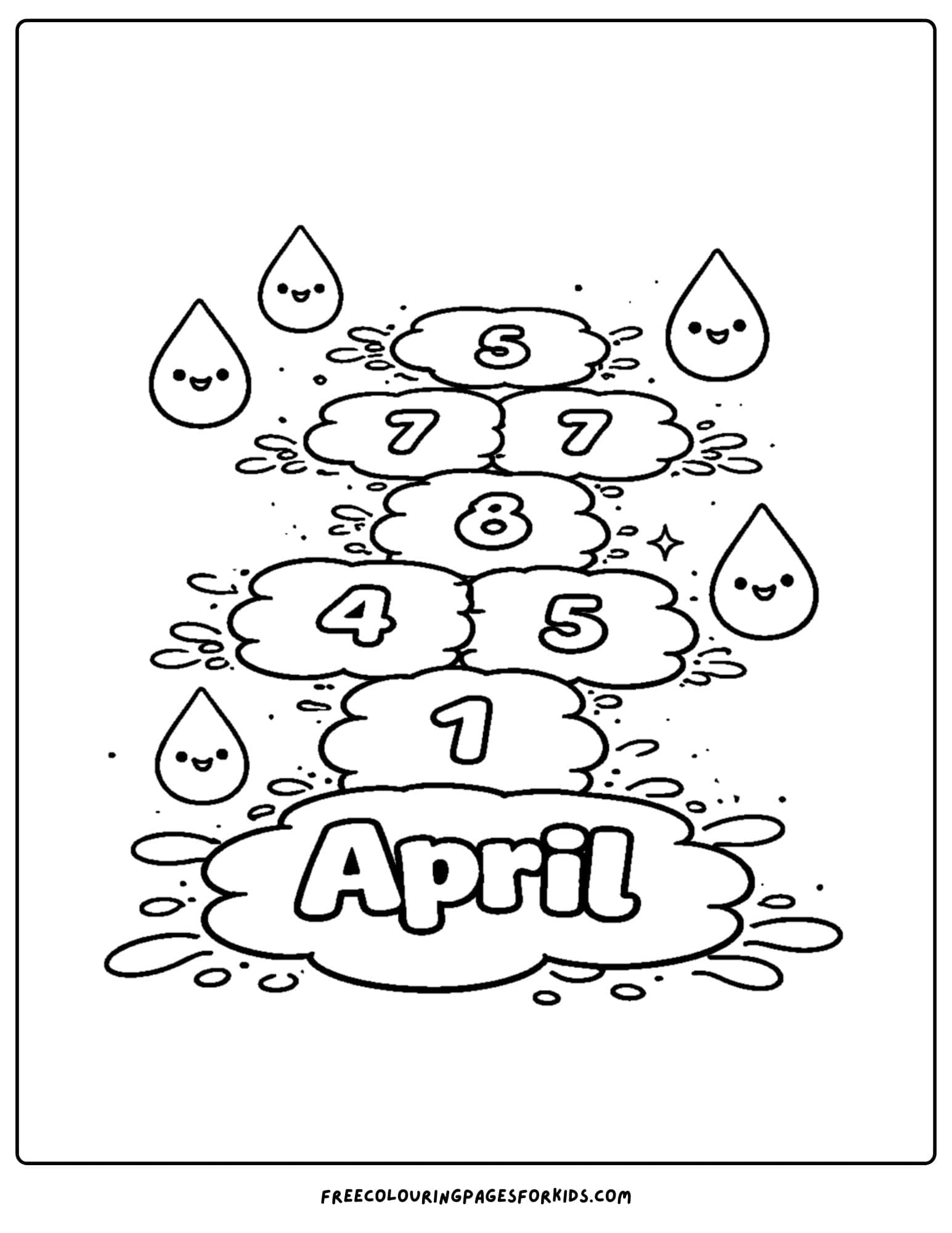 an april themed coloring page featuring puddles in the shape of a hopscotch game