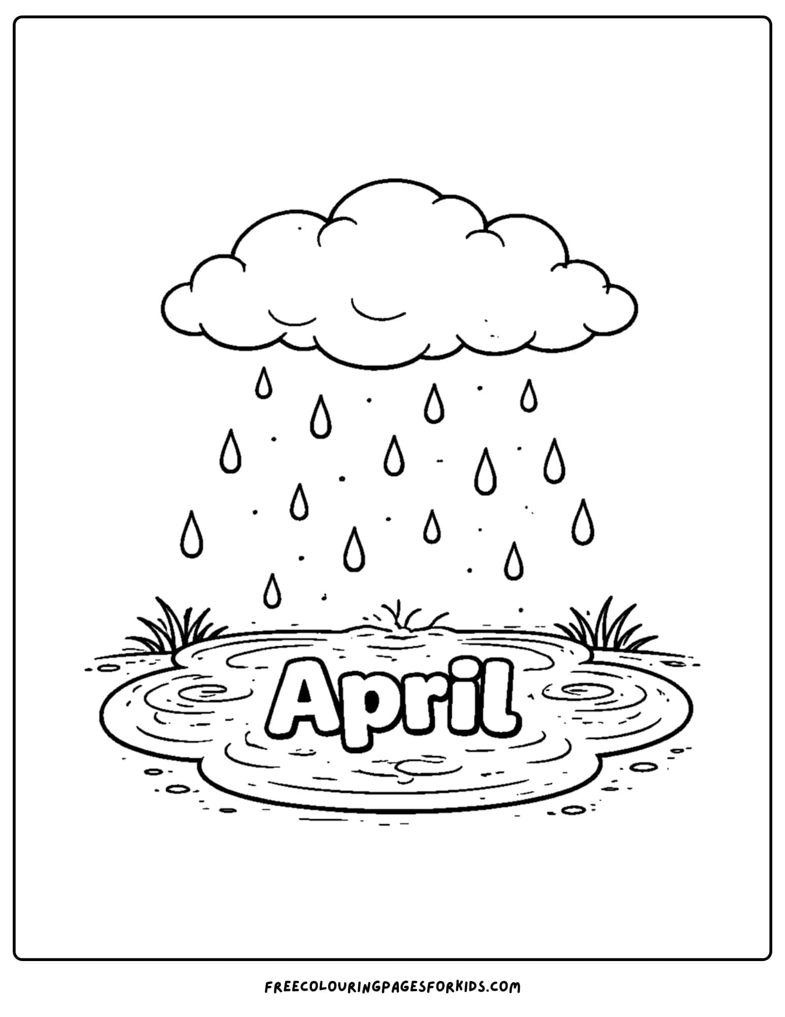 an april themed coloring page featuring a rain cloud raining down making a puddle