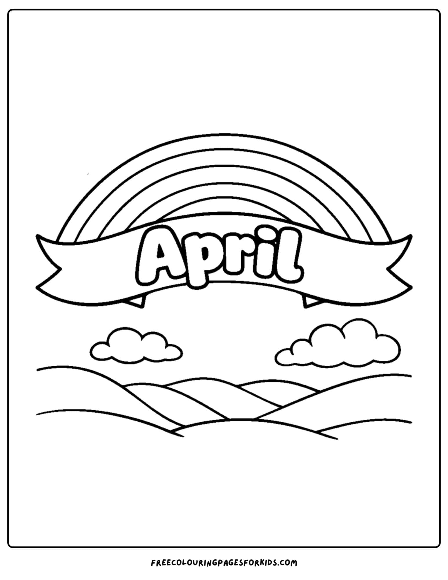 an april themed coloring page featuring a rainbow over a landscape of hills