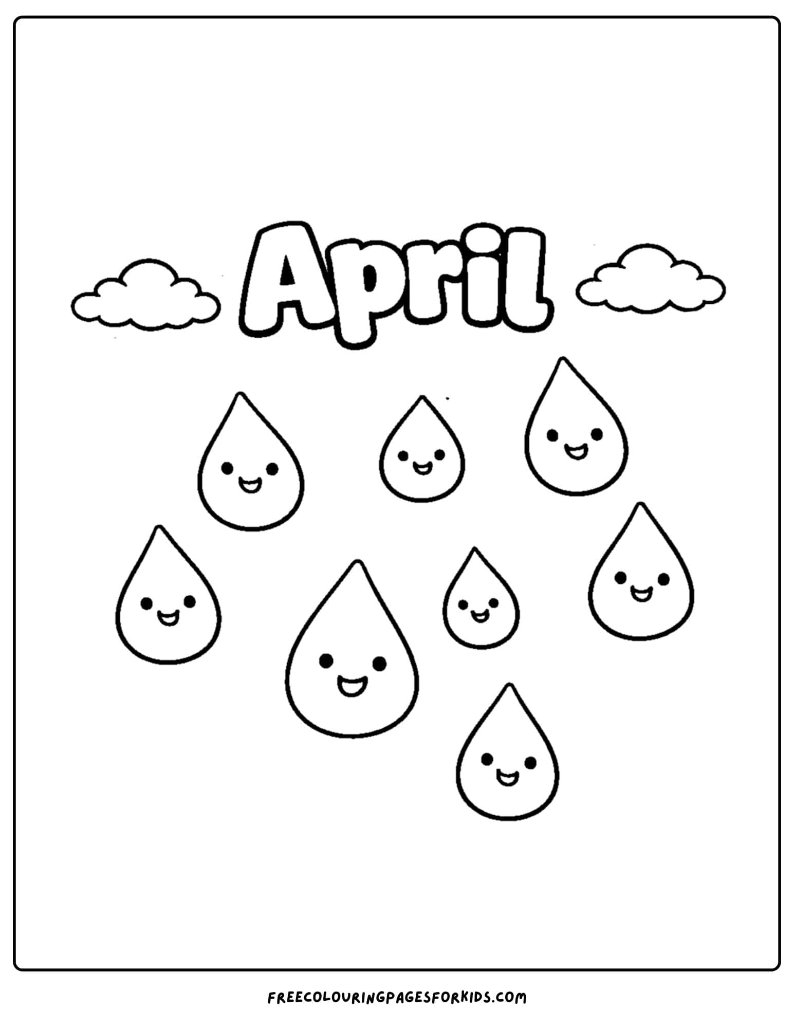 an april themed coloring page featuring a scene of raindrops falling