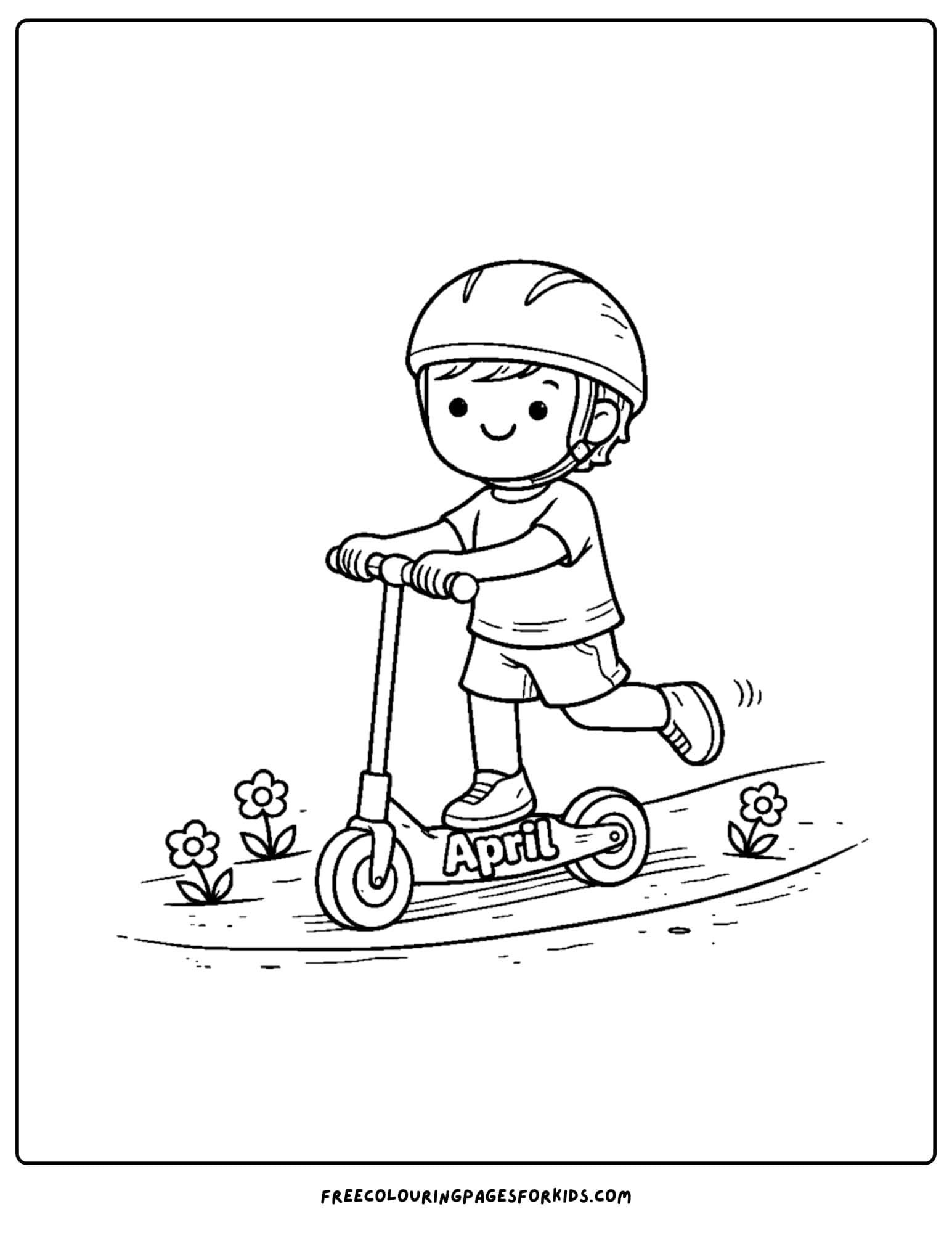an april themed coloring page featuring a scooter ride by a child along a path of flowers