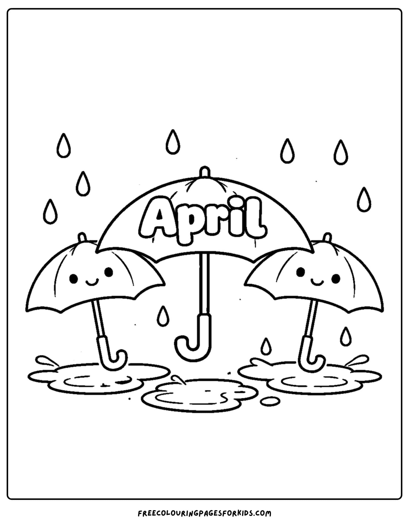 an april themed coloring page featuring smiling umbrellas with water drops falling on them