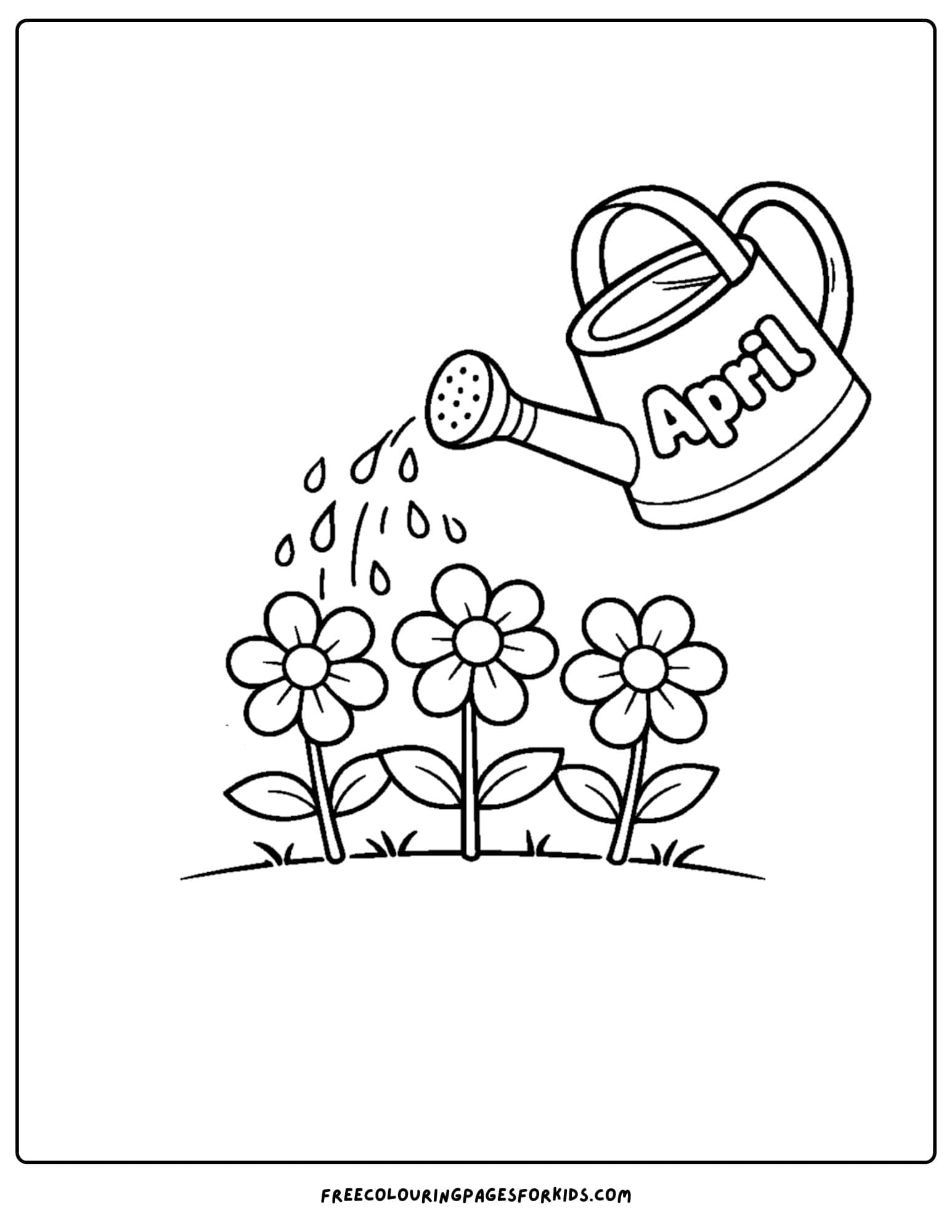 an april themed coloring page featuring a watering can watering flowers