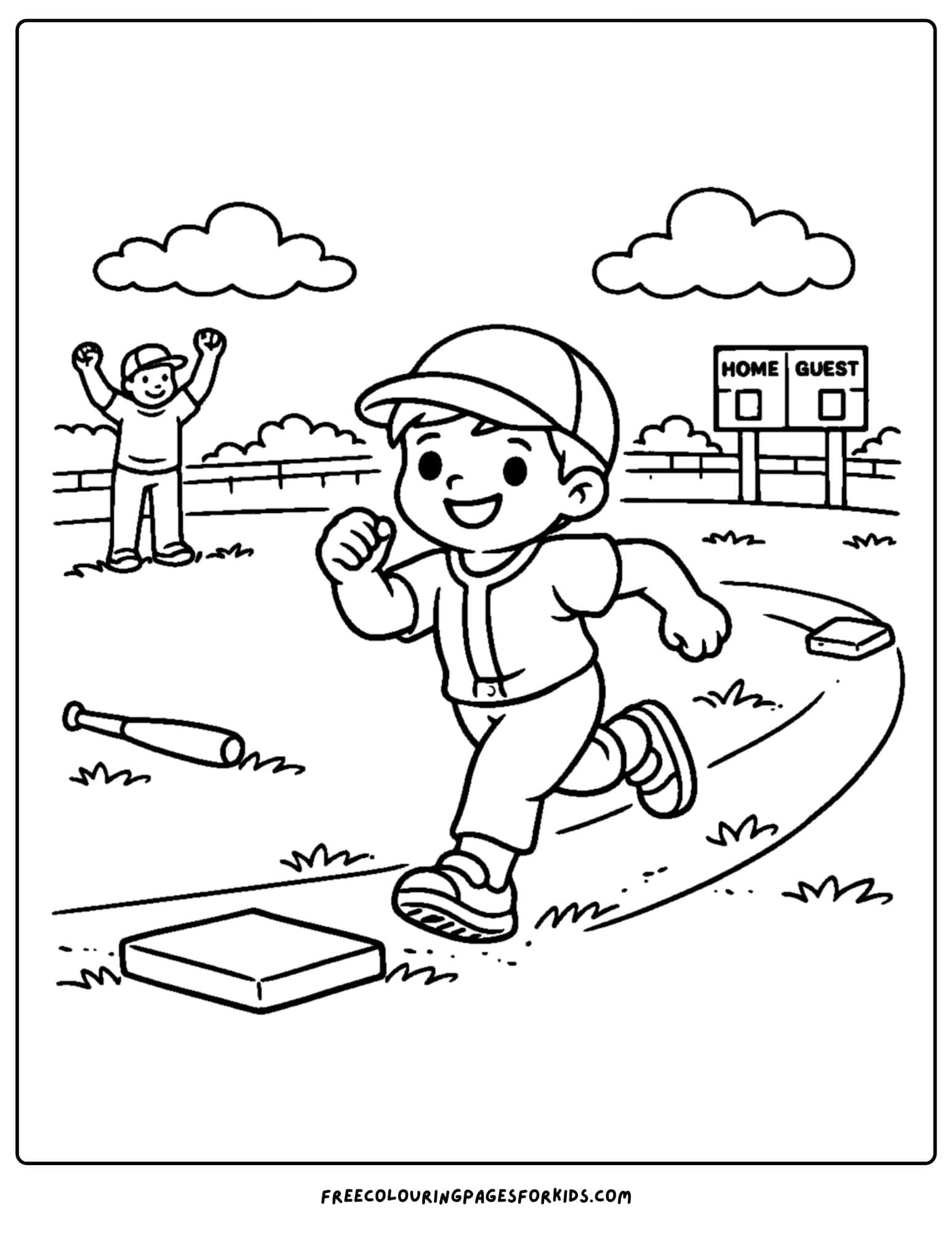 a baseball coloring page featuring a player running between bases