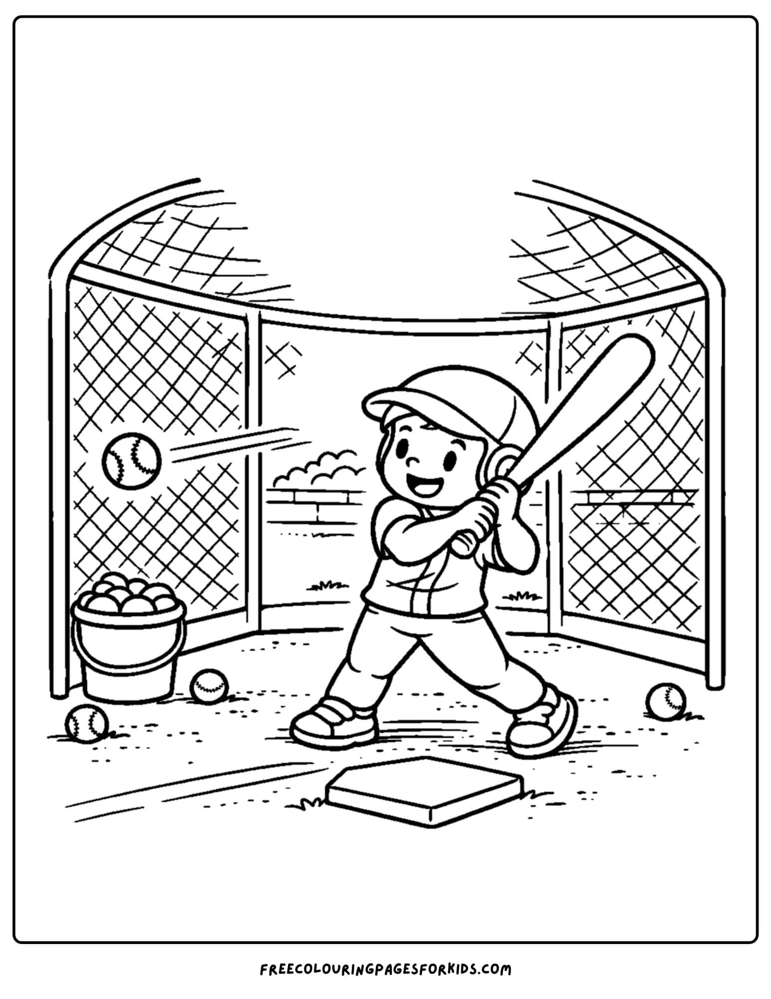 a baseball coloring page featuring a batter in the cage swinging at a ball