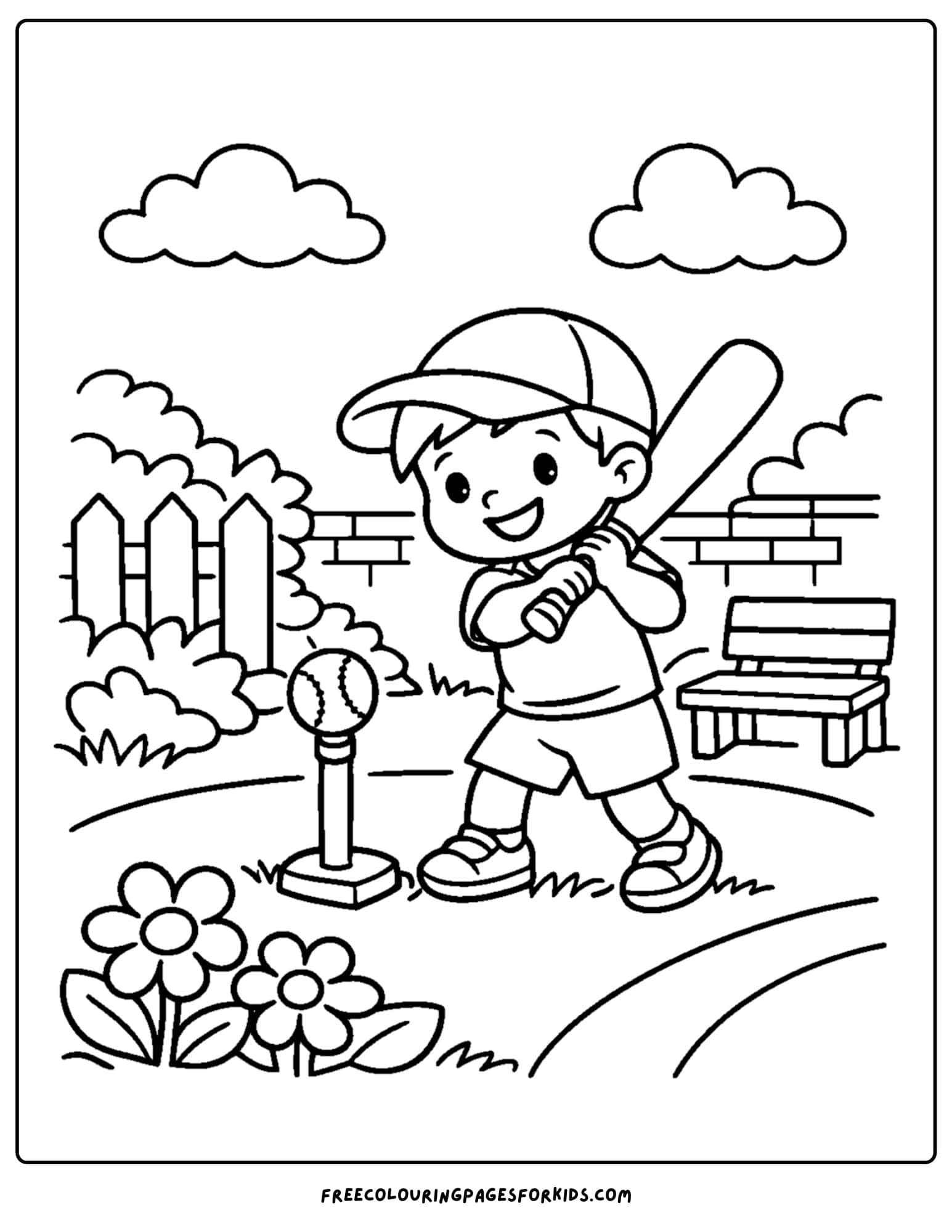 a baseball coloring page featuring a child at home doing a tee swing