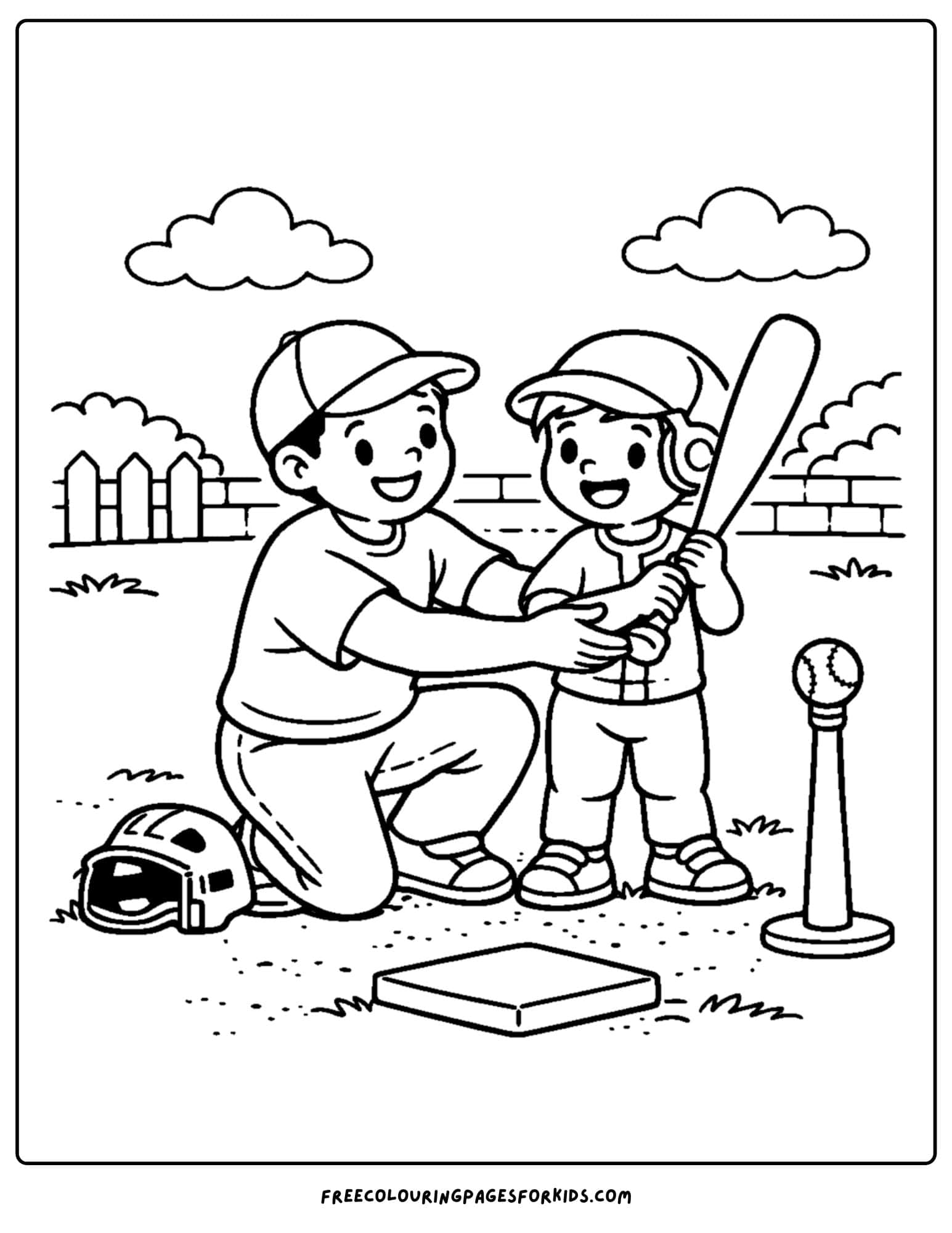 a baseball coloring page featuring a coach and playing having batting lessons