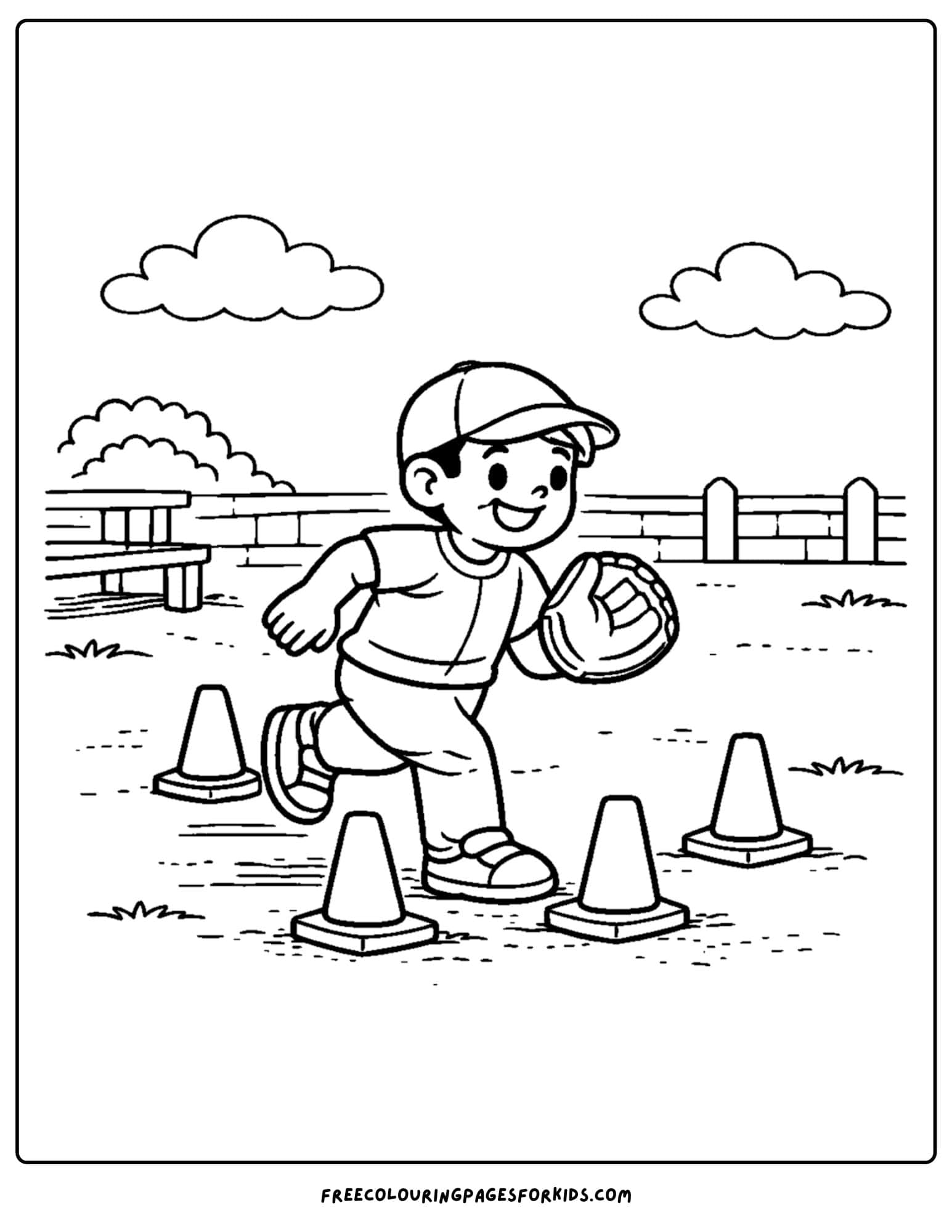a baseball coloring page featuring player running cone drills