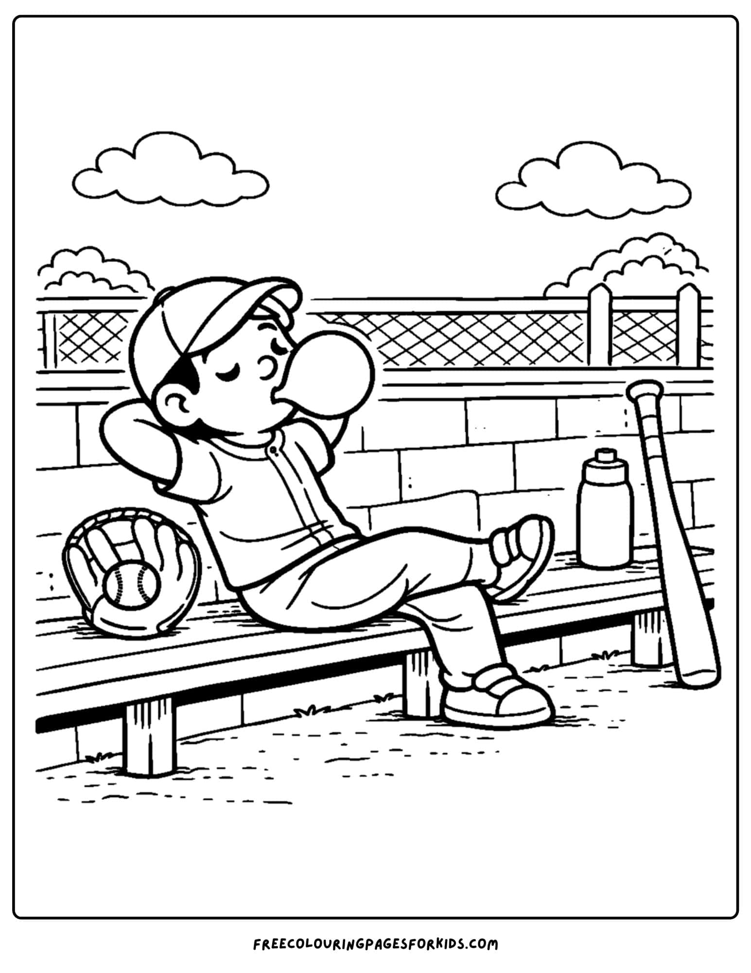 a baseball coloring page featuring a player in the dugout blowing bubble gum