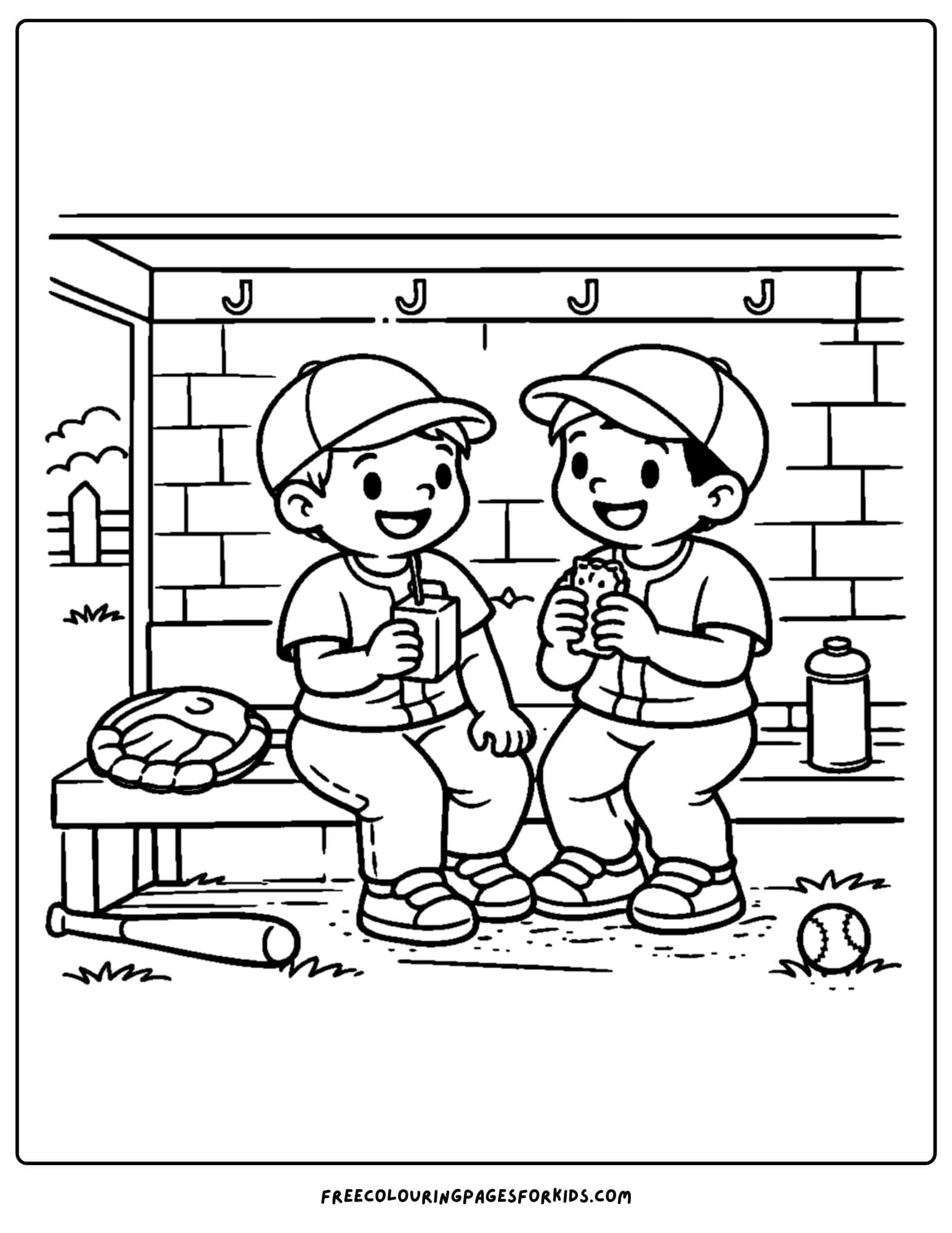 a baseball coloring page featuring players in the dugout having a snack break