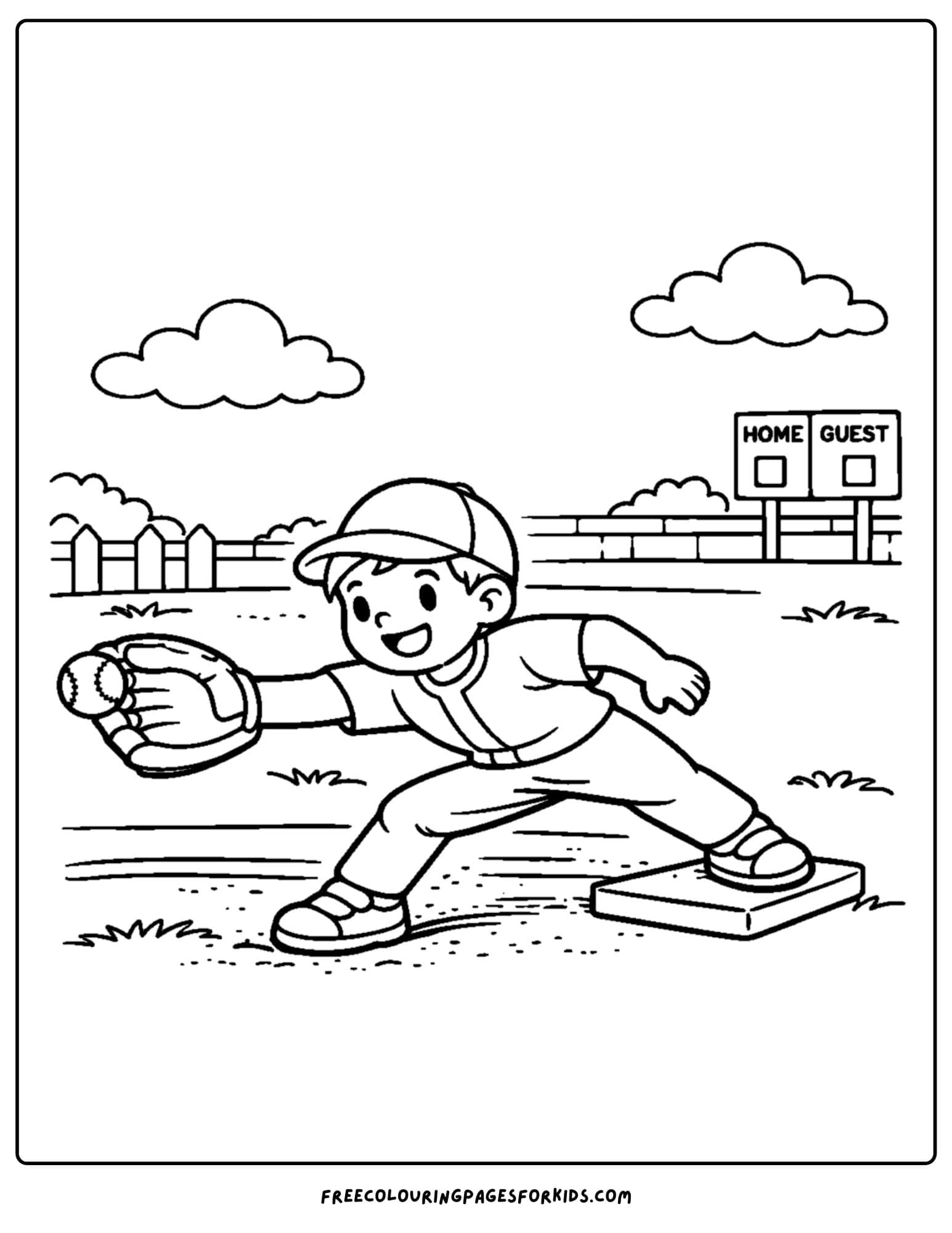 a baseball coloring page featuring a player on first base stretching out