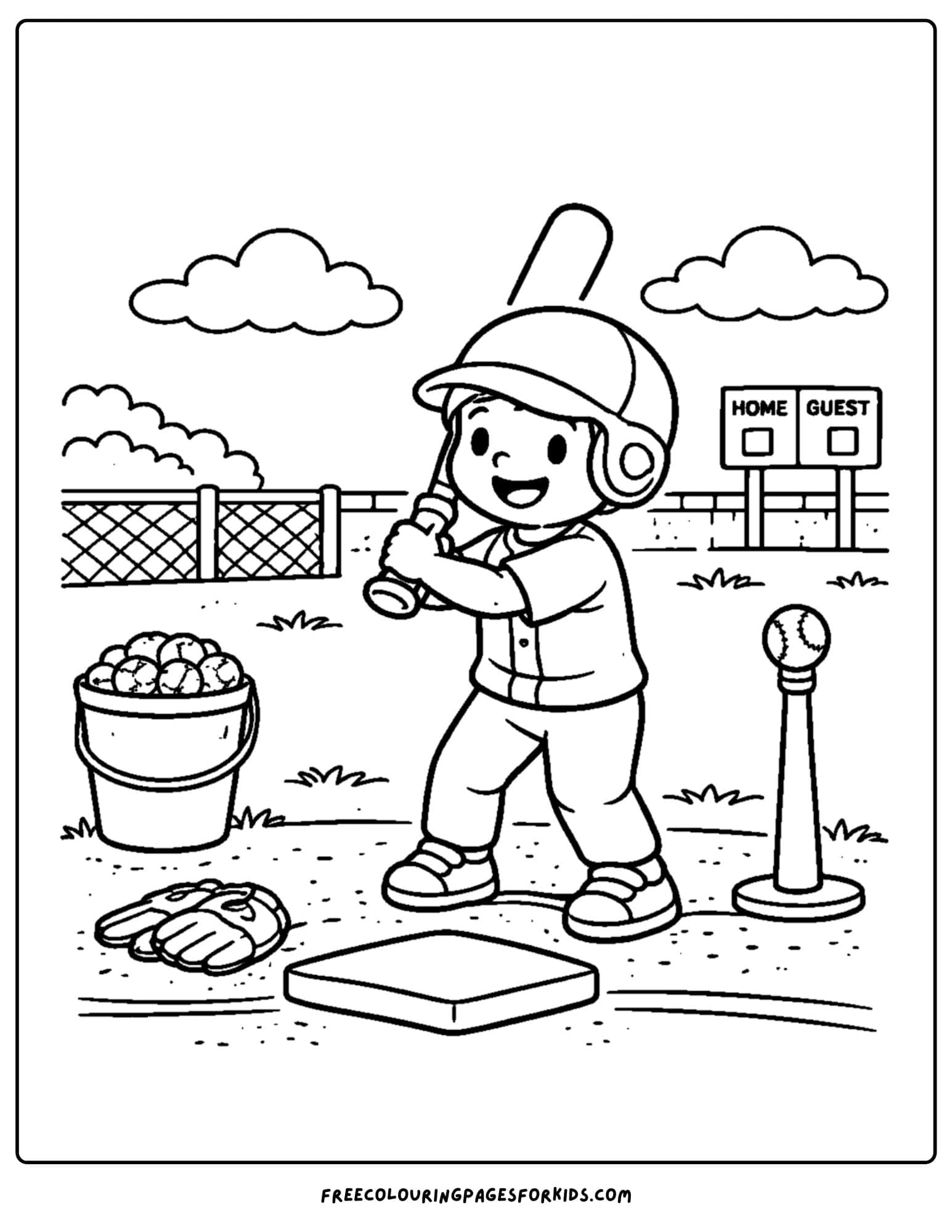 a baseball coloring page featuring a player with a helmet on ready to practice