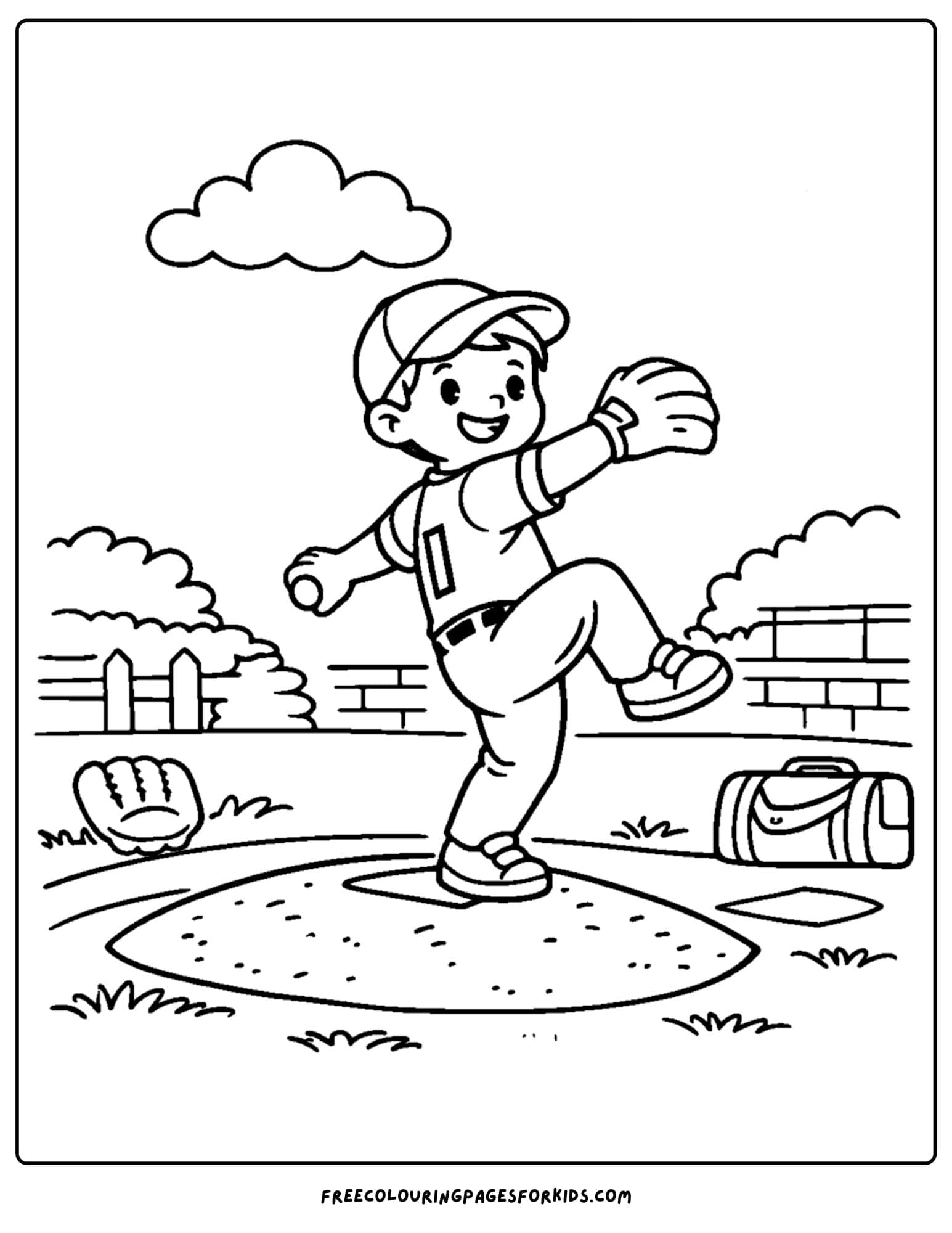 a baseball coloring page featuring a pitcher winding up to throw the ball
