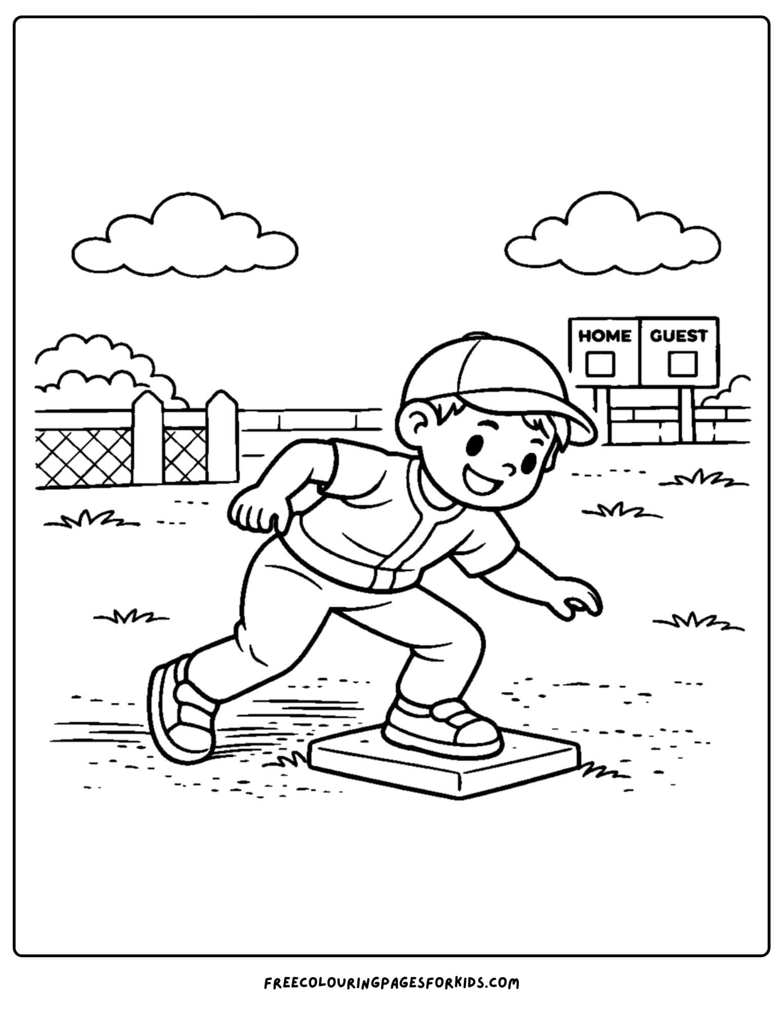a baseball coloring page featuring player about to lead off a base