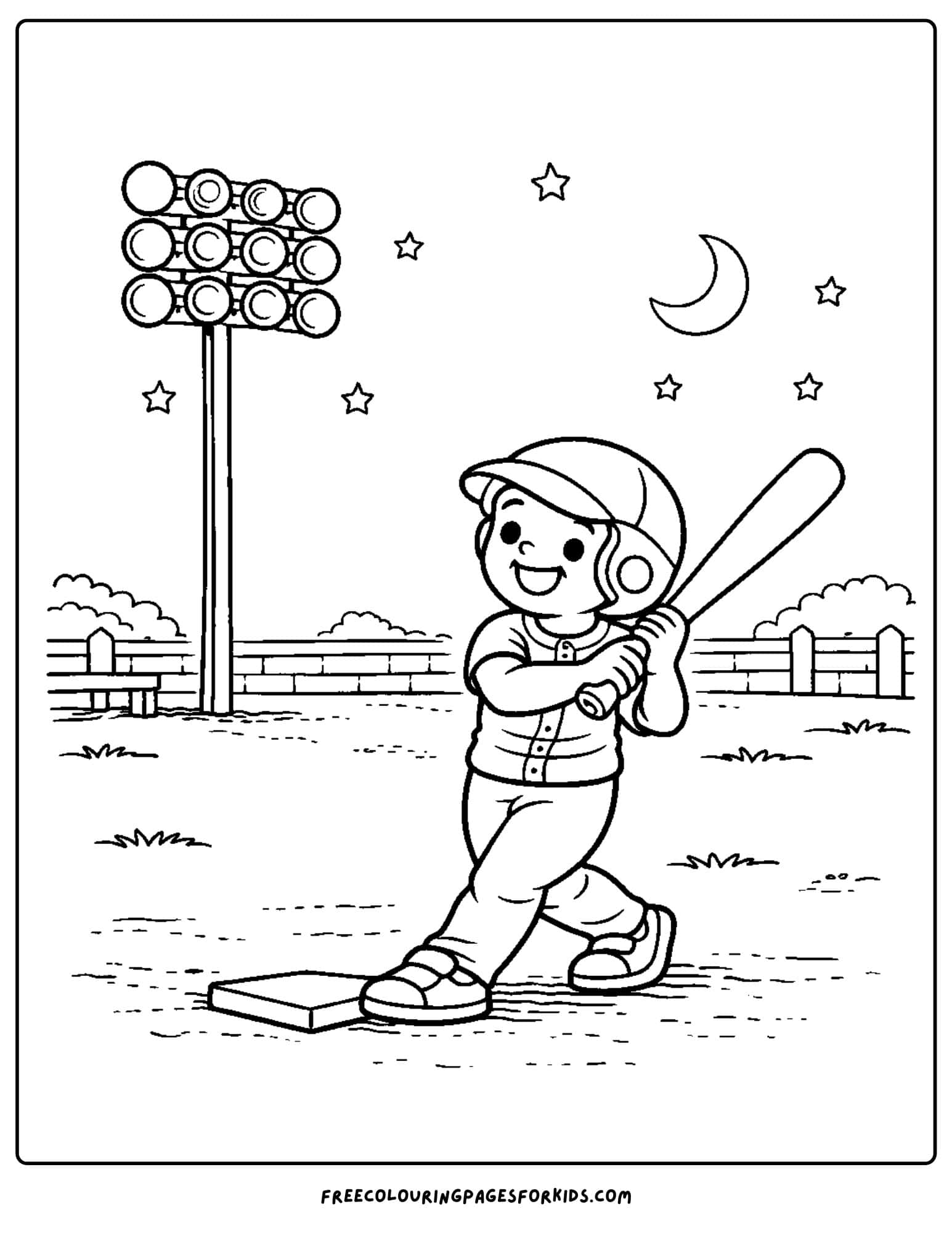 a baseball coloring page featuring a batter playing a game at night under lights