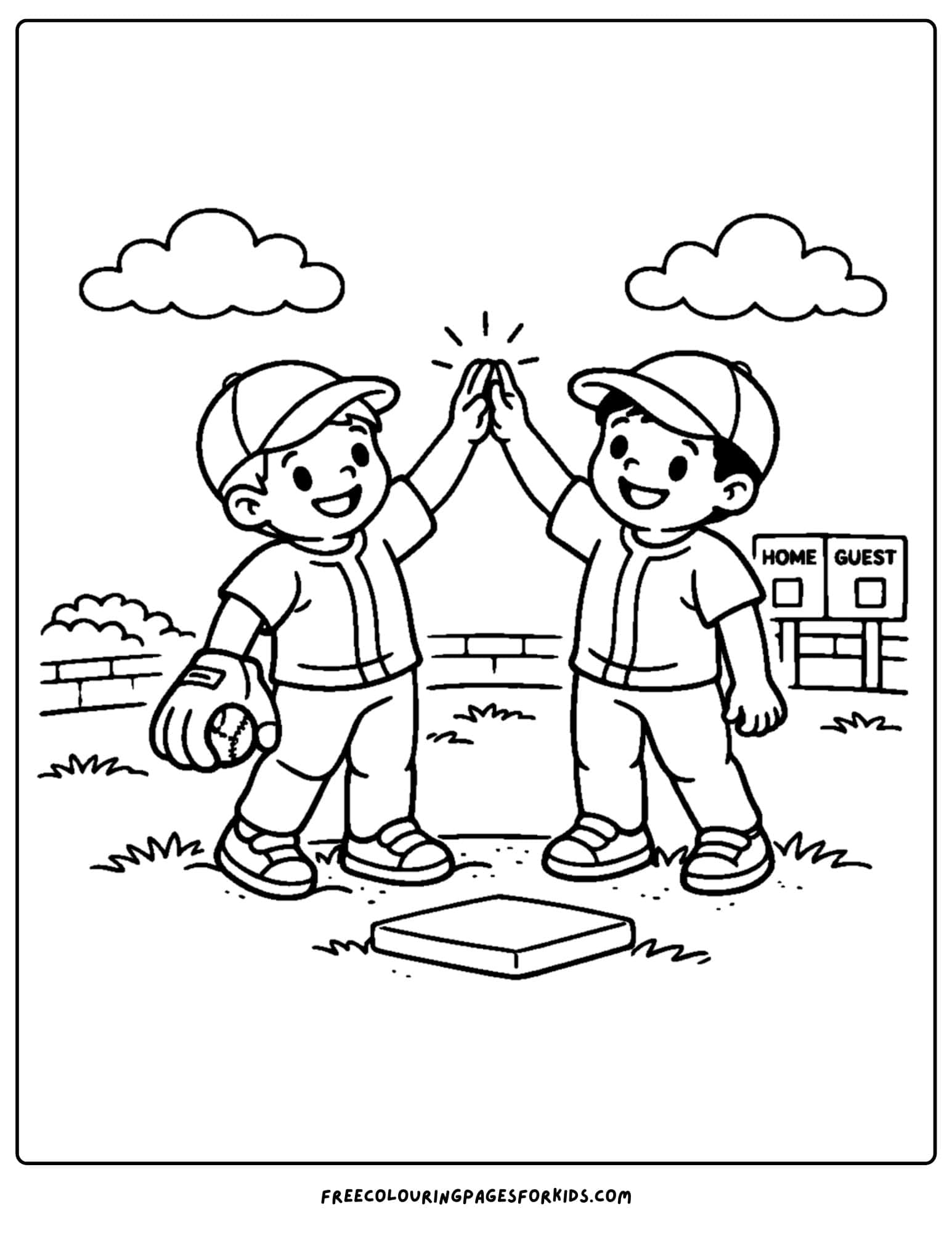 a baseball coloring page featuring outfield players giving each other a high five