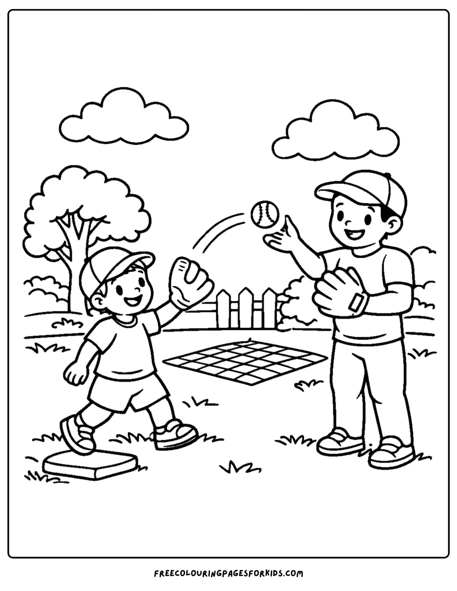 a baseball coloring page featuring a parent and child playing catch together
