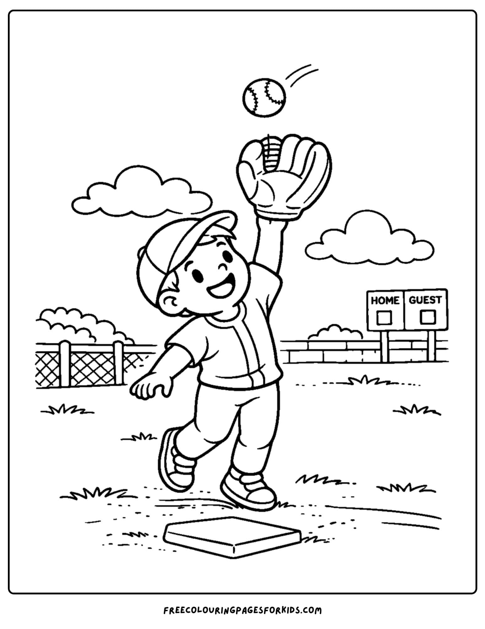a baseball coloring page featuring player reaching to catch a ball