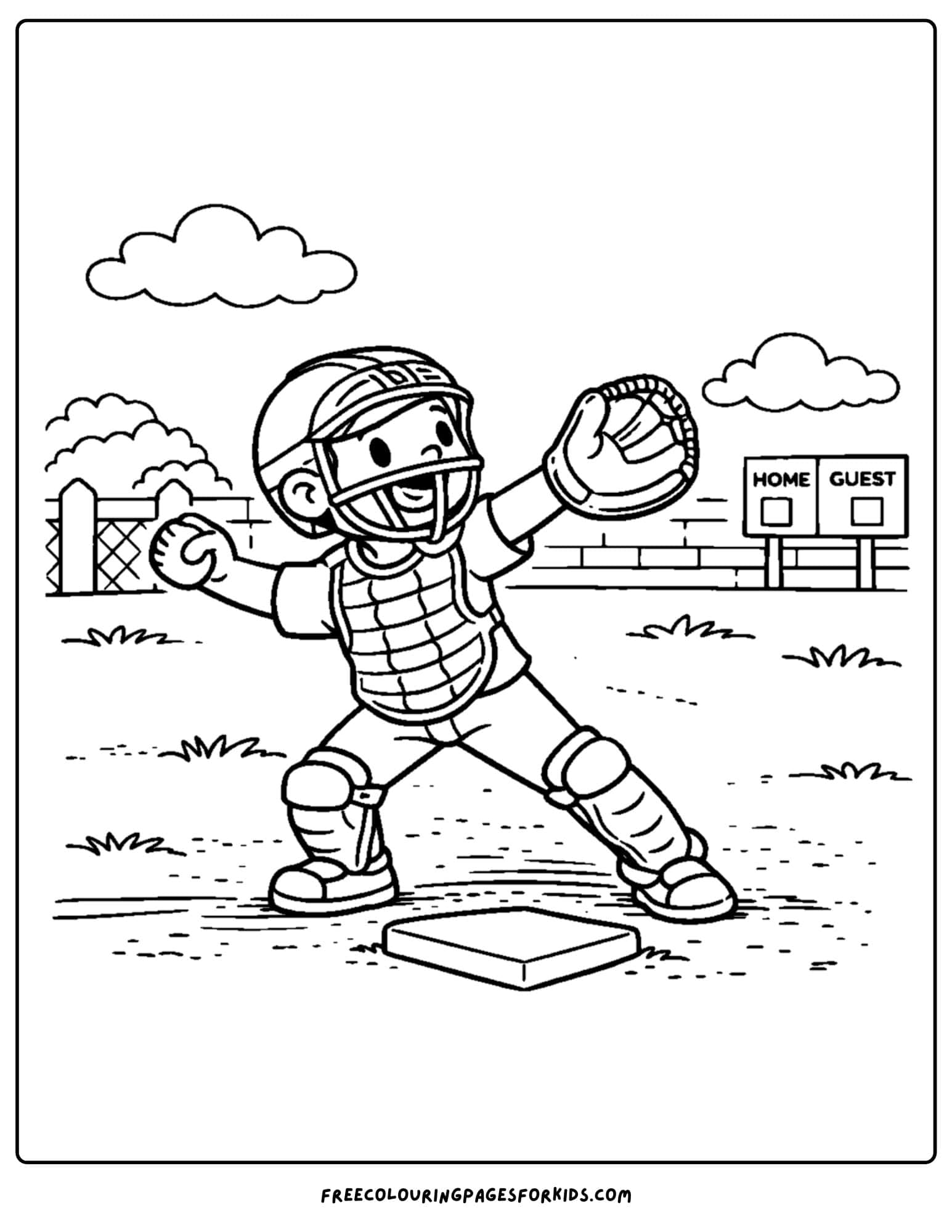 a baseball coloring page featuring a catcher quick throwing the ball to first base