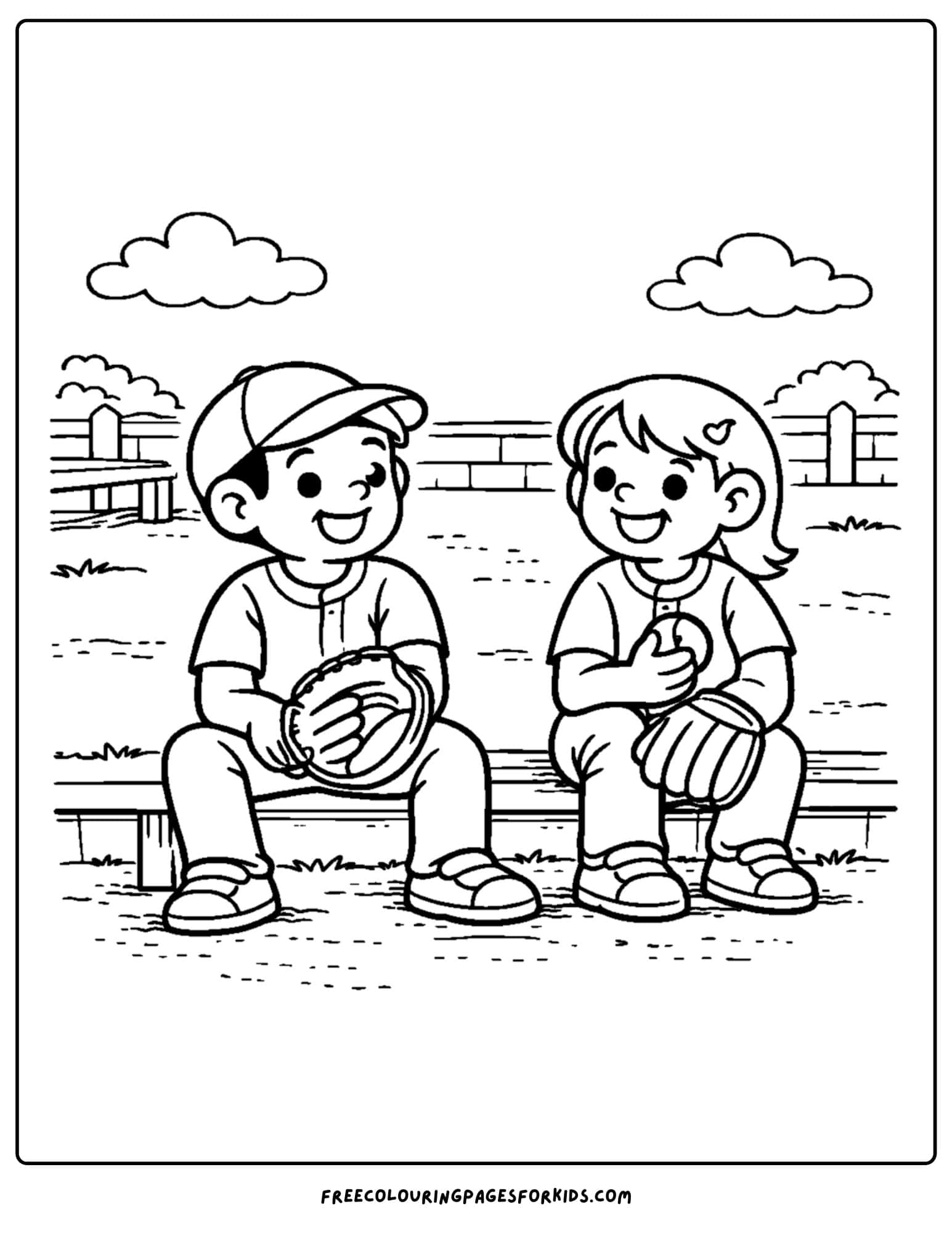 a baseball coloring page featuring two friends resting on a bench after a game