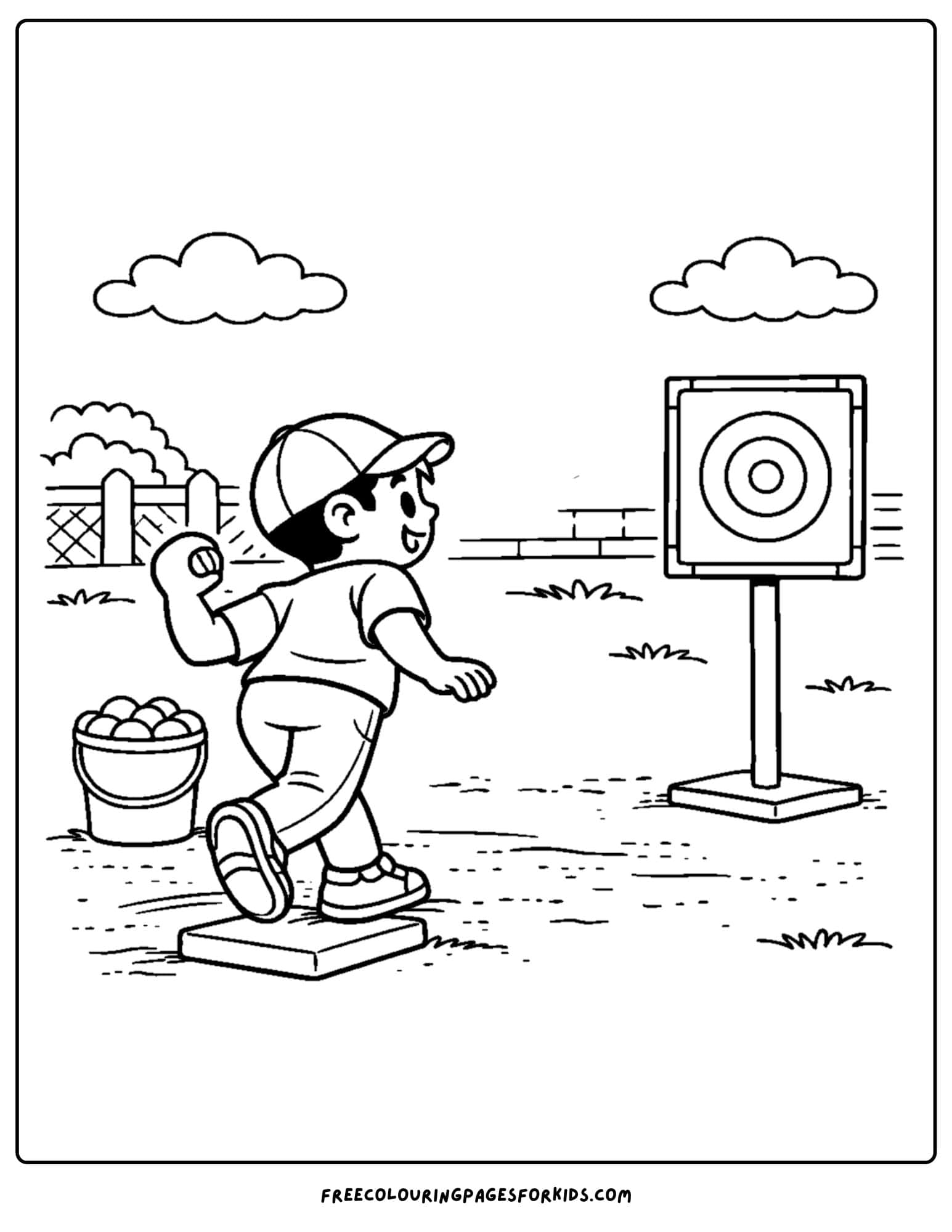 a baseball coloring page featuring a pitcher doing target practice