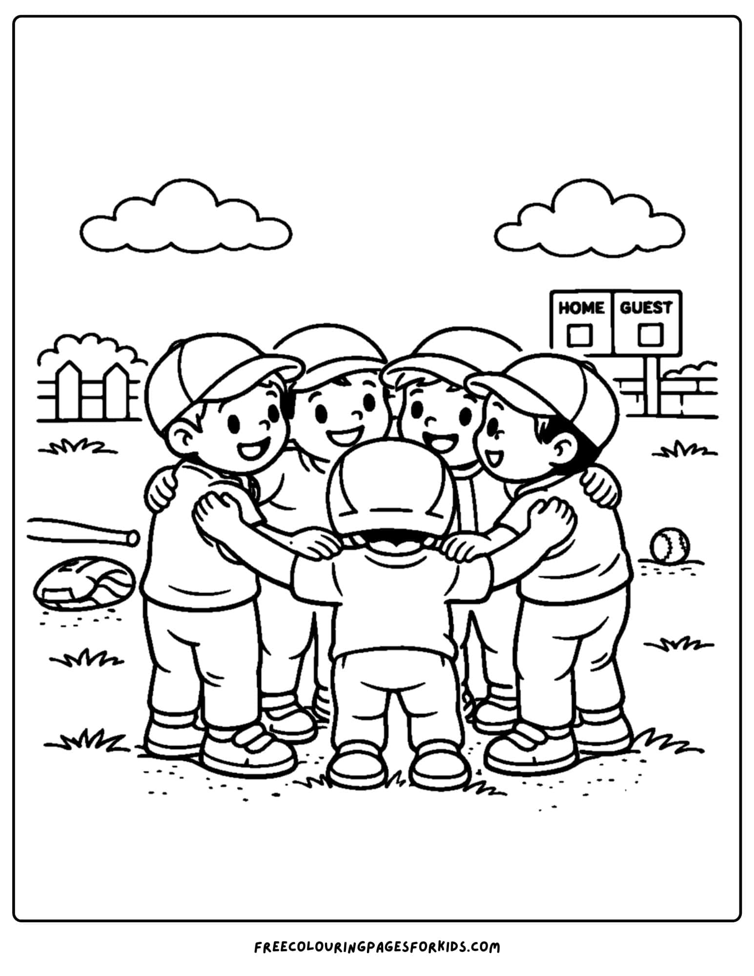 a baseball coloring page featuring a team huddle before a game