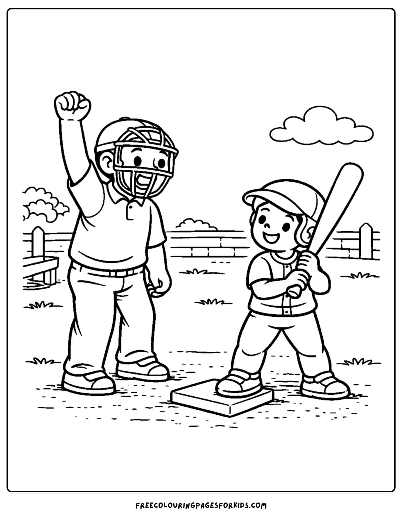 a baseball coloring page featuring an umpire making a call signal