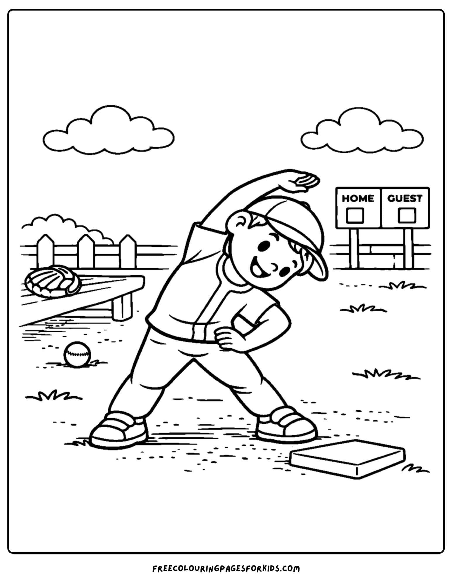 a baseball coloring page featuring a baseball player stretching before a game