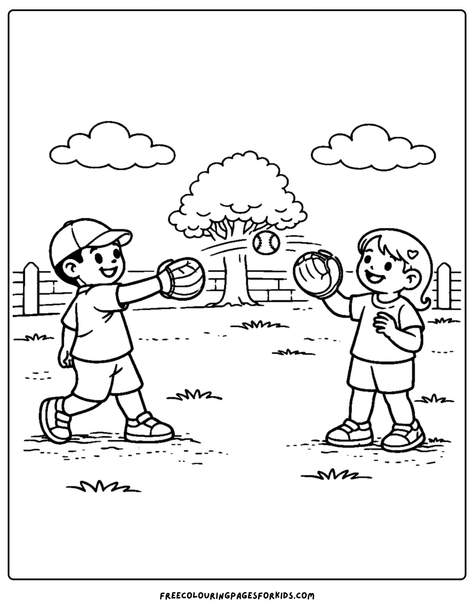a baseball coloring page featuring two kids throwing the ball to each other with their baseball gloves on